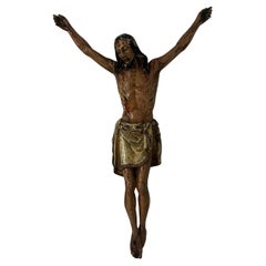 Antique 17th Century carved wood polychrome Crucifix/ Corpus Christi