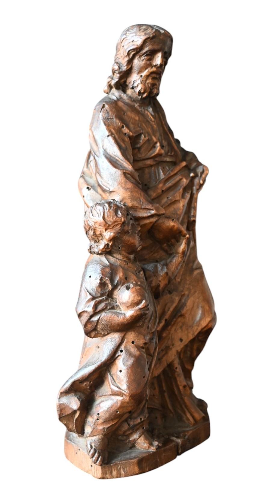 Baroque Walnut Sculpture Of Saint Joseph And The Christ Child, Early 18th C. In Good Condition For Sale In Bilzen, BE