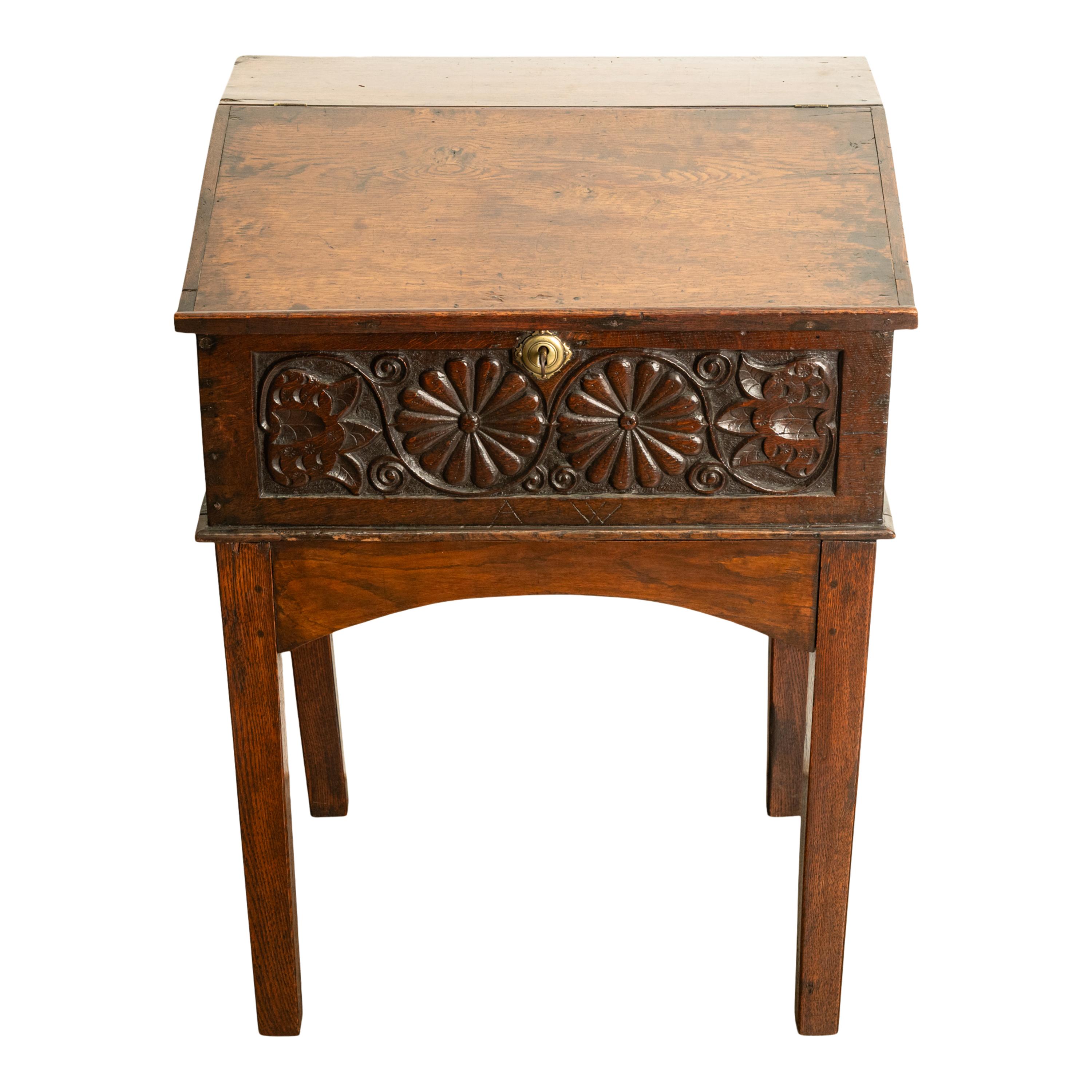 English Antique 17th Century Charles II Carved Oak Bible Box Chest Desk on Stand 1680