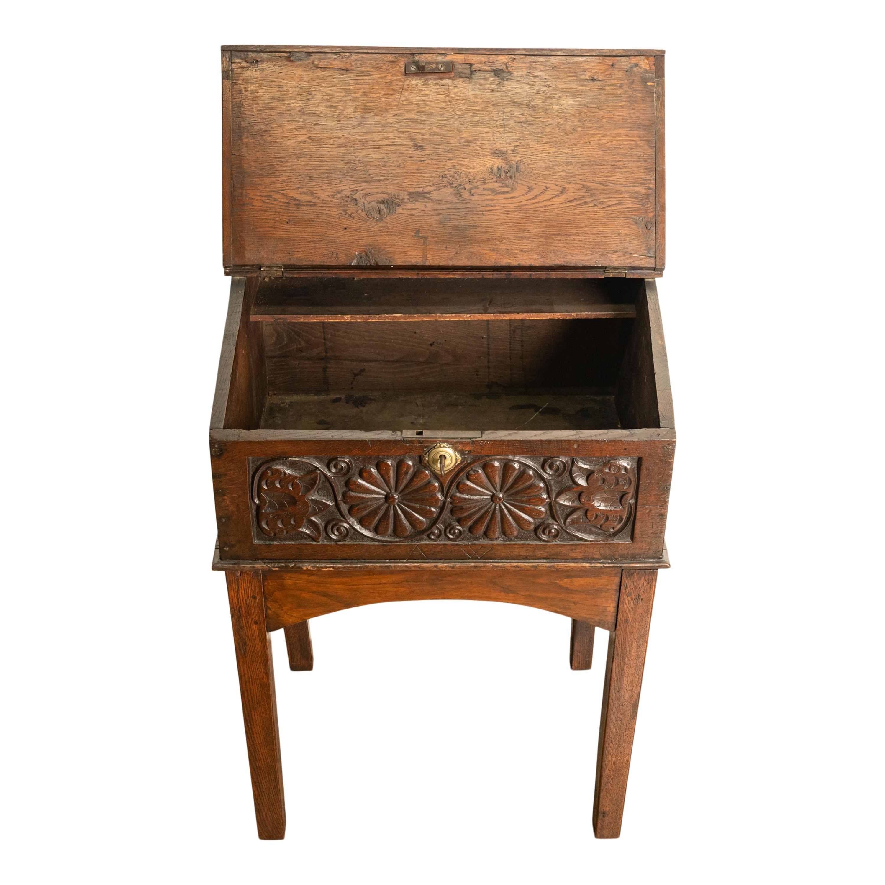 Antique 17th Century Charles II Carved Oak Bible Box Chest Desk on Stand 1680 In Good Condition In Portland, OR