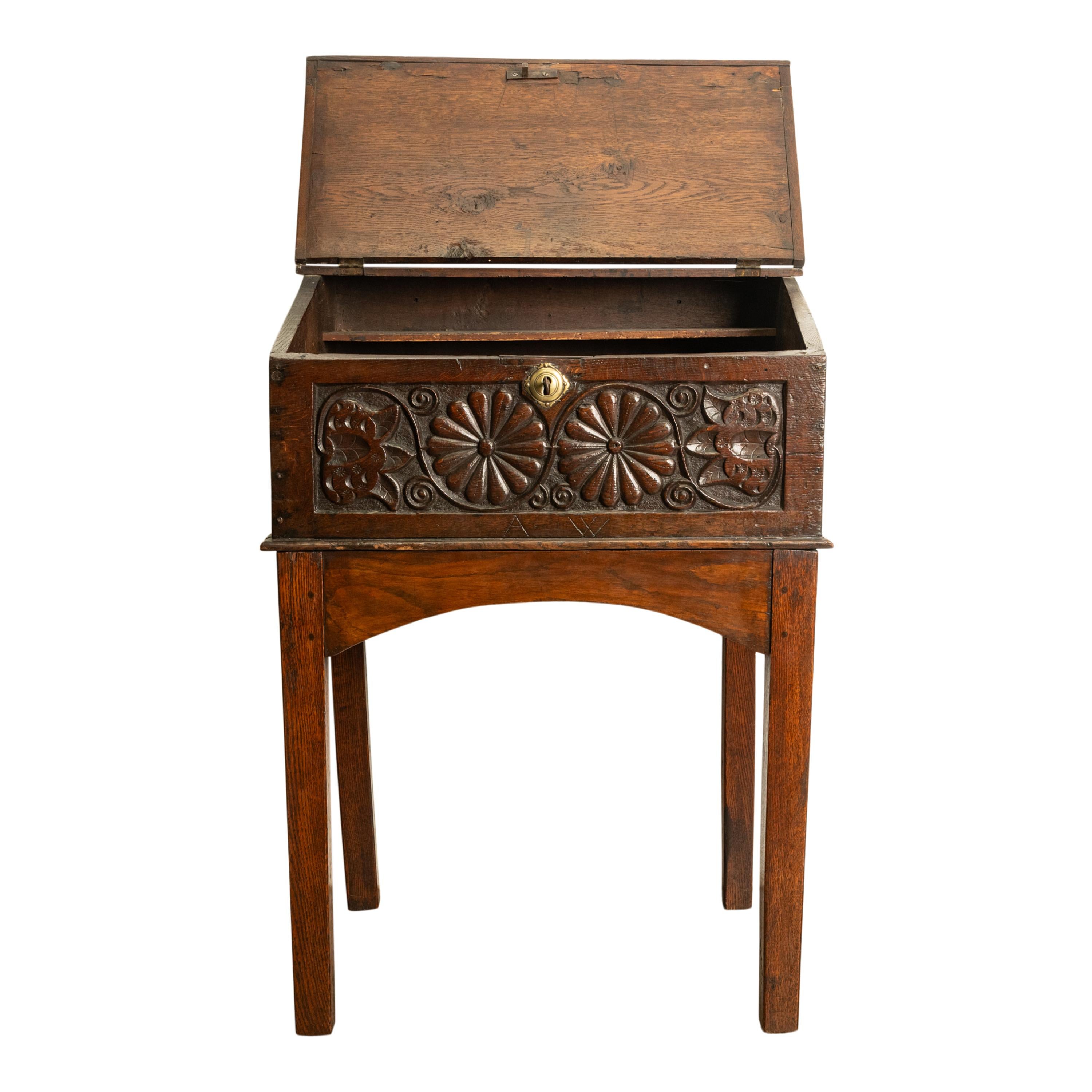 Late 17th Century Antique 17th Century Charles II Carved Oak Bible Box Chest Desk on Stand 1680