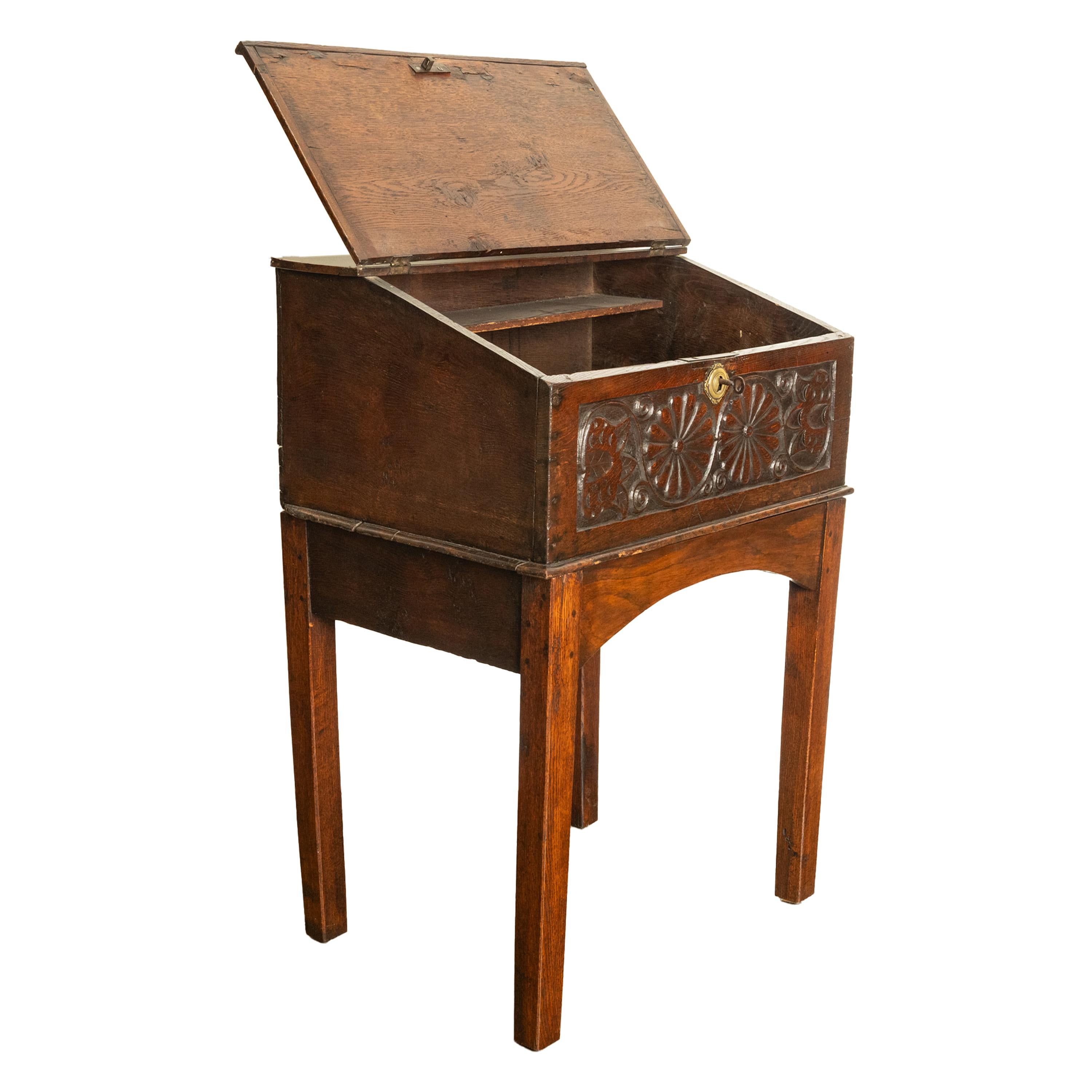 Antique 17th Century Charles II Carved Oak Bible Box Chest Desk on Stand 1680 2