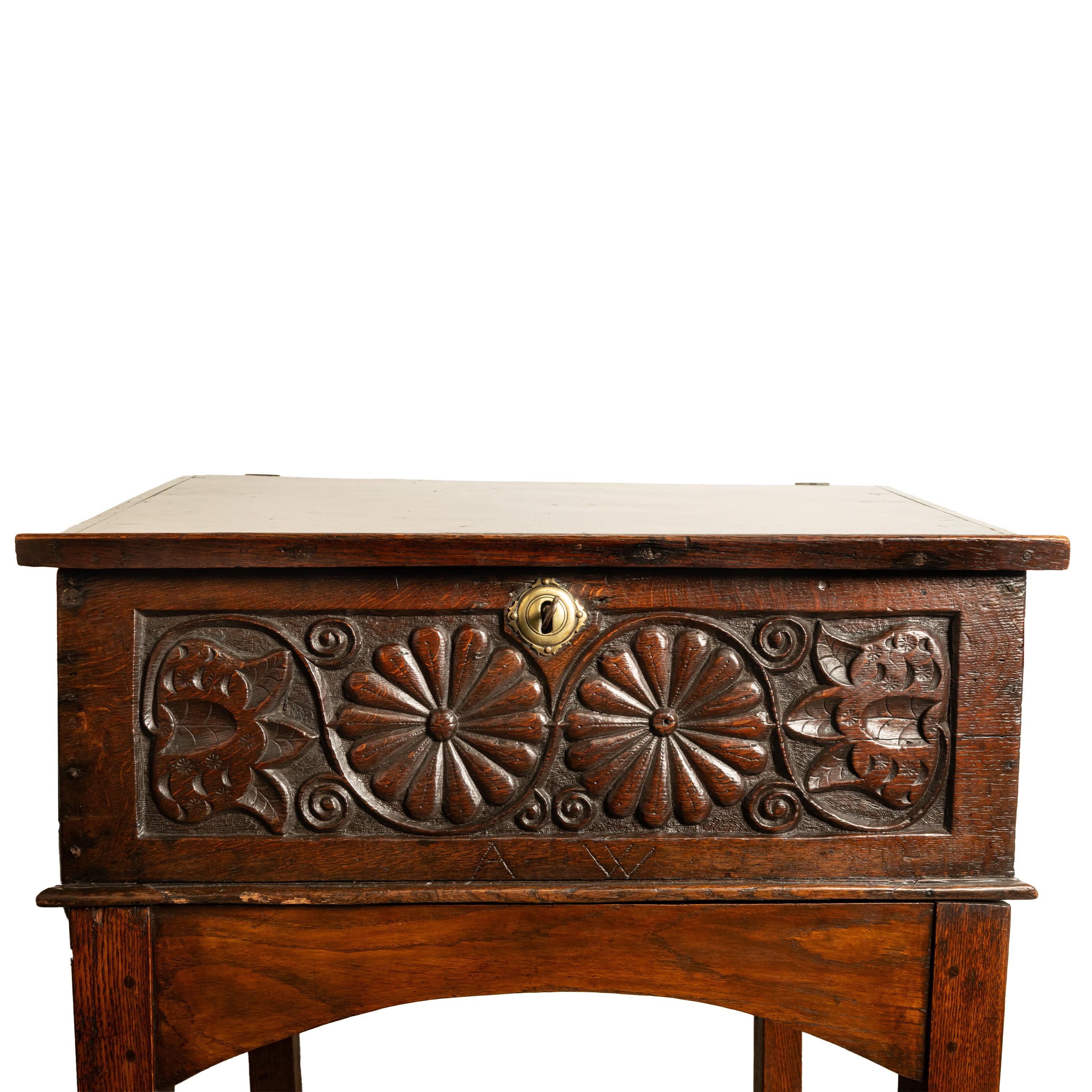 Antique 17th Century Charles II Carved Oak Bible Box Chest Desk on Stand 1680 4