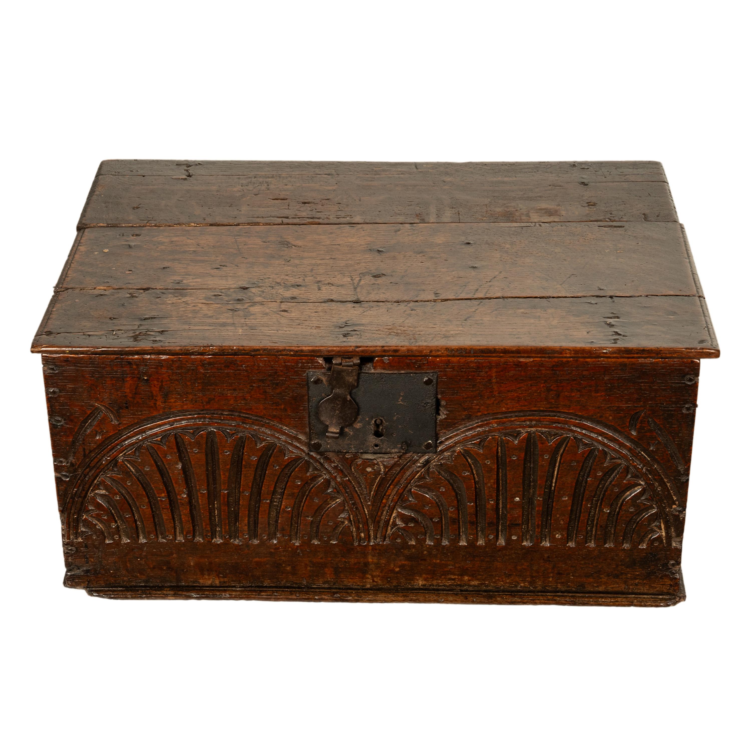 Antique 17th Century Charles II Carved Oak Bible Document Box 6 Plank Trunk 1680 For Sale 9
