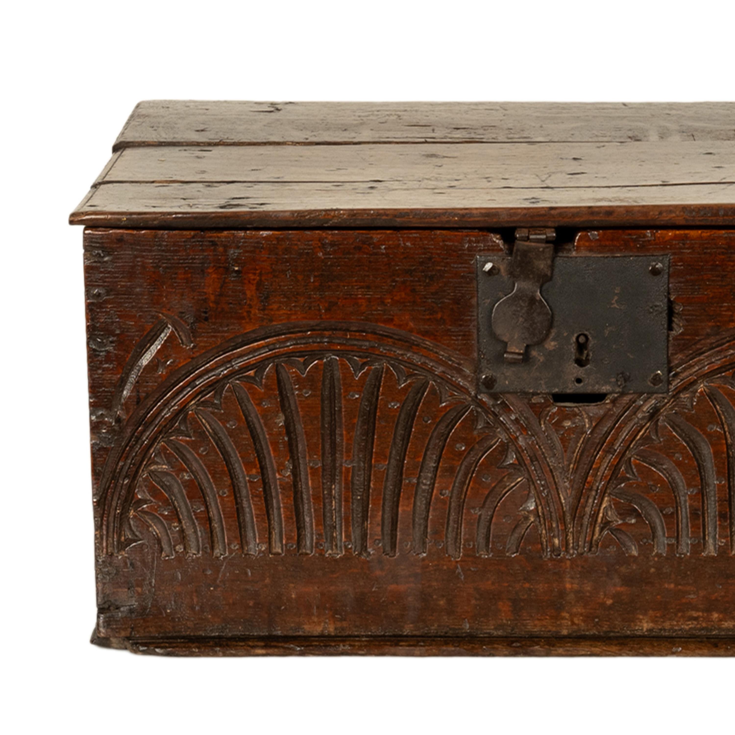 Antique 17th Century Charles II Carved Oak Bible Document Box 6 Plank Trunk 1680 For Sale 10
