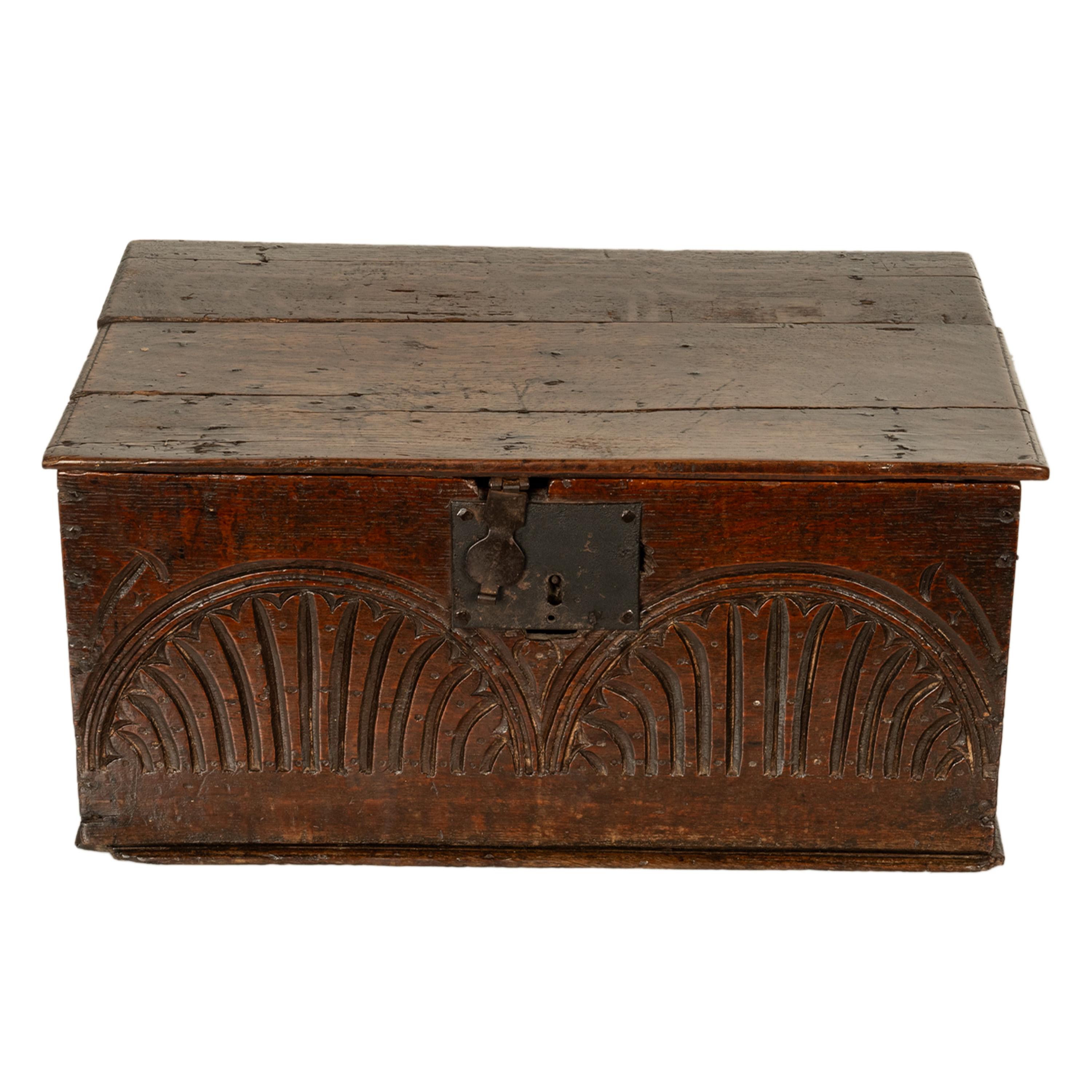 English Antique 17th Century Charles II Carved Oak Bible Document Box 6 Plank Trunk 1680 For Sale