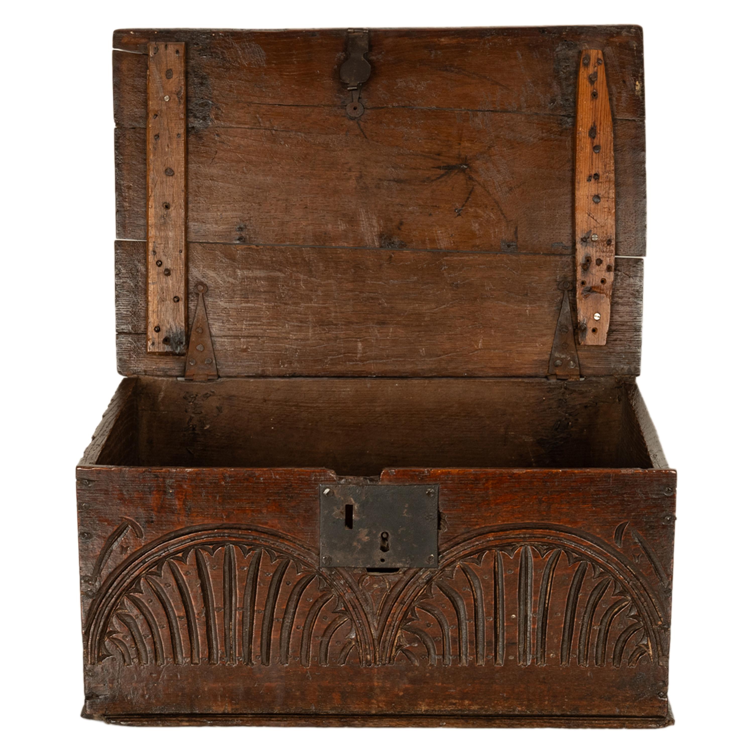 Late 17th Century Antique 17th Century Charles II Carved Oak Bible Document Box 6 Plank Trunk 1680 For Sale
