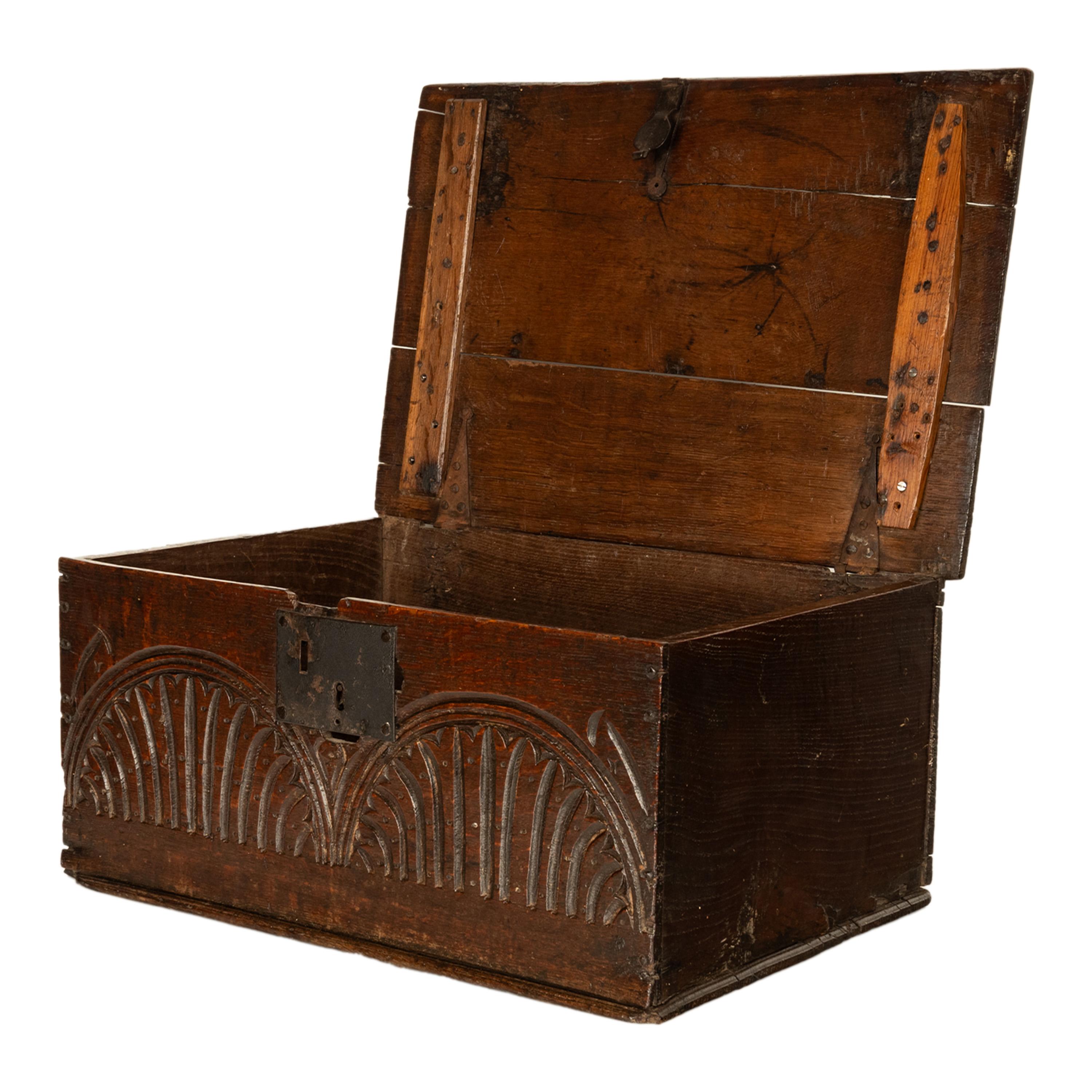 Iron Antique 17th Century Charles II Carved Oak Bible Document Box 6 Plank Trunk 1680 For Sale