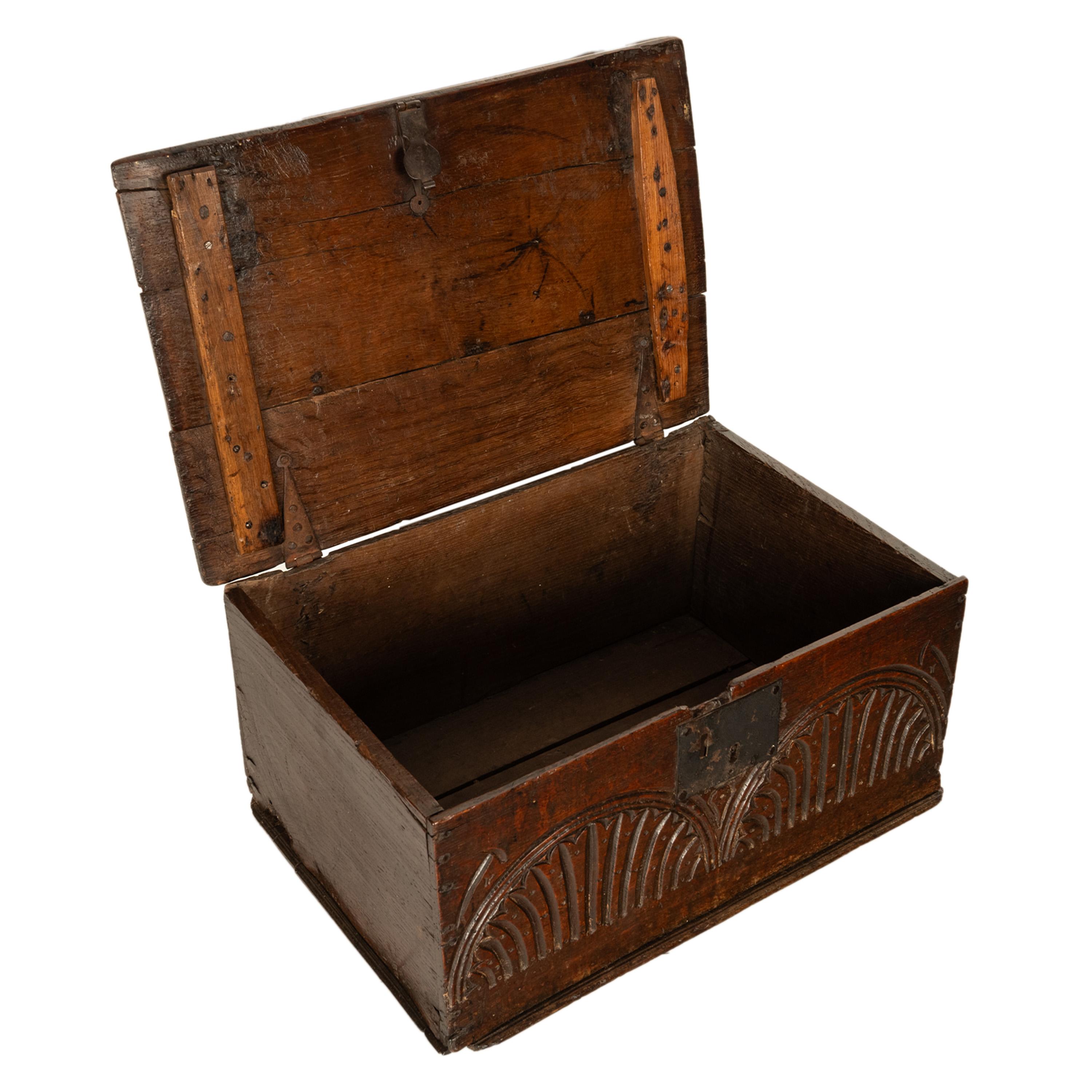 Antique 17th Century Charles II Carved Oak Bible Document Box 6 Plank Trunk 1680 For Sale 2