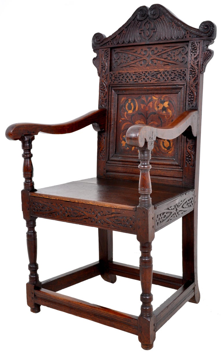 Antique 17th Century Charles II Yorkshire Carved Inlaid Oak Wainscot