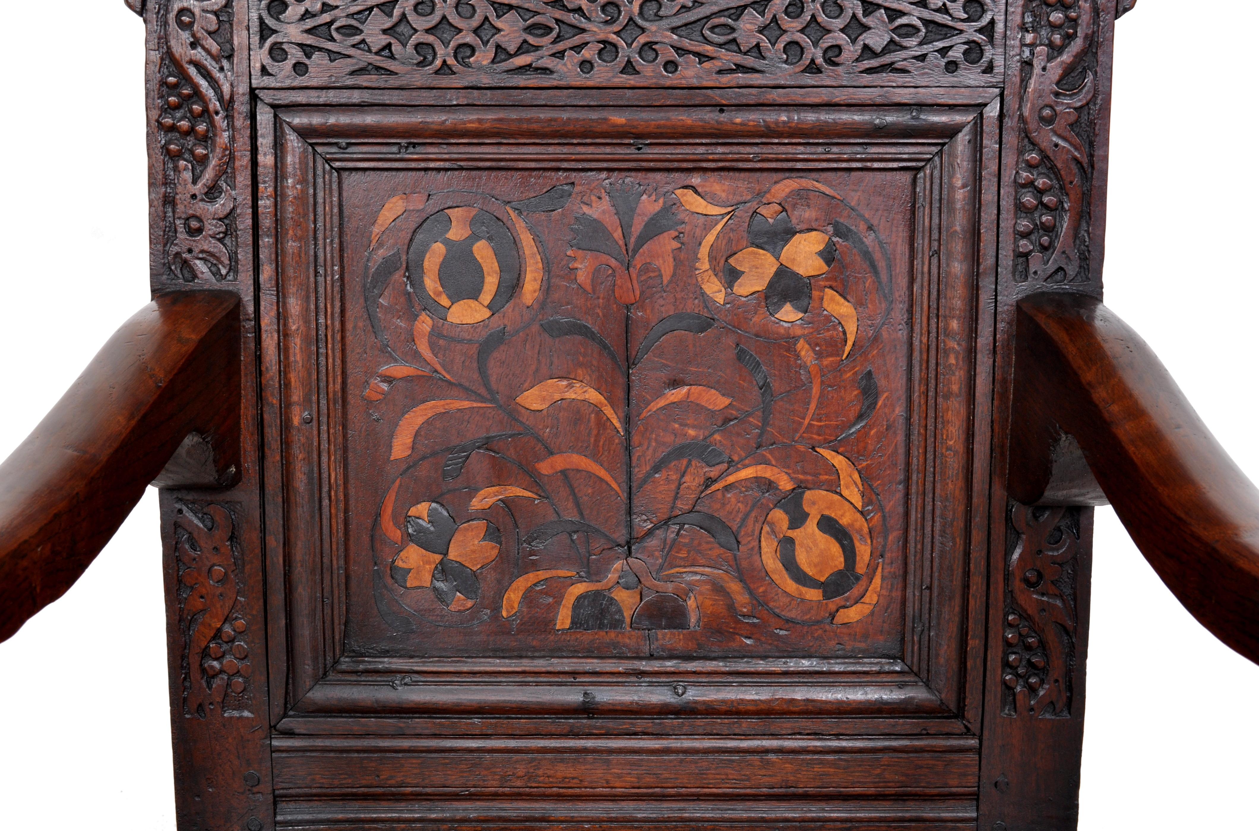 English Antique 17th Century Charles II Yorkshire Carved Inlaid Oak Wainscot Chair, 1670