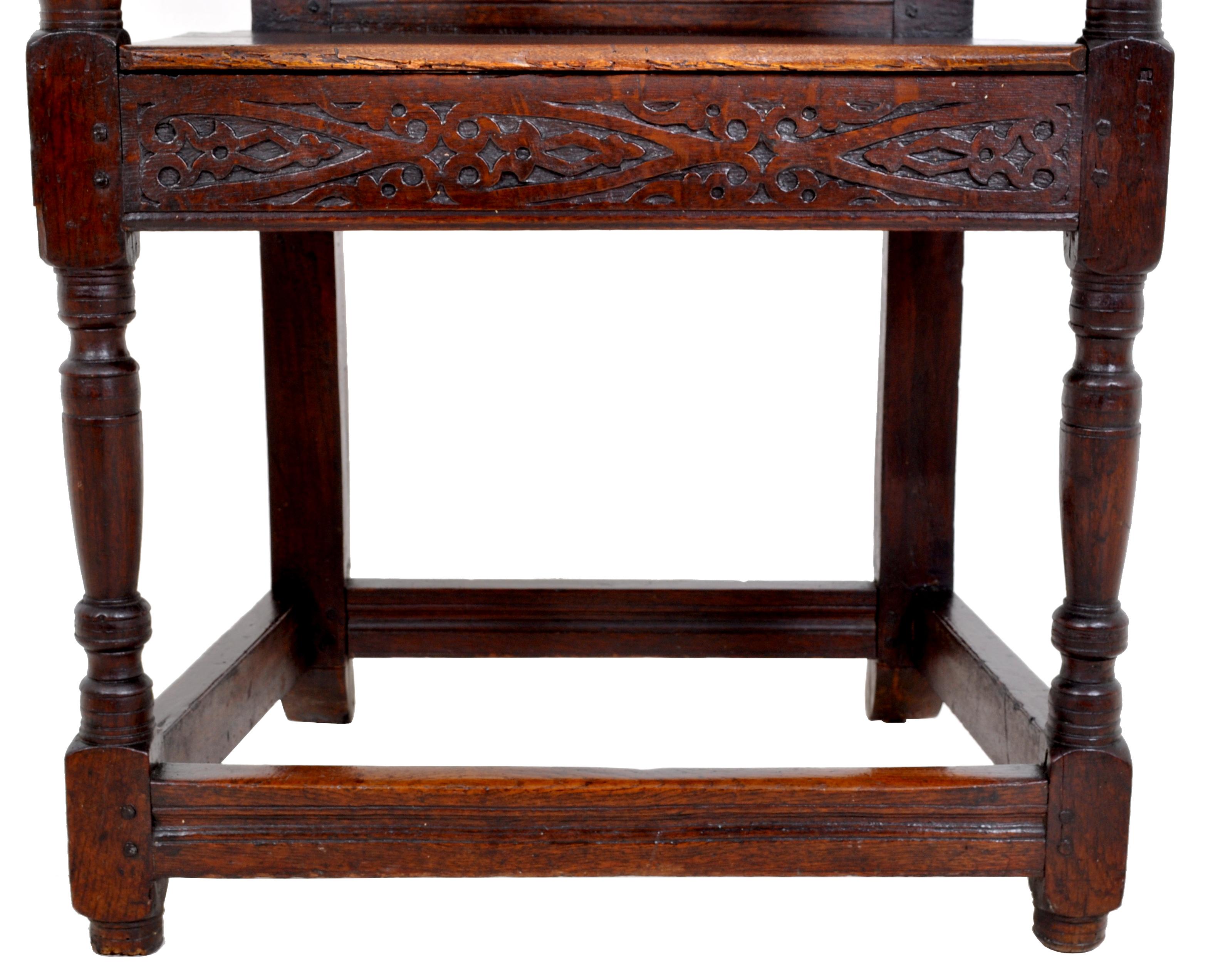Hand-Carved Antique 17th Century Charles II Yorkshire Carved Inlaid Oak Wainscot Chair, 1670