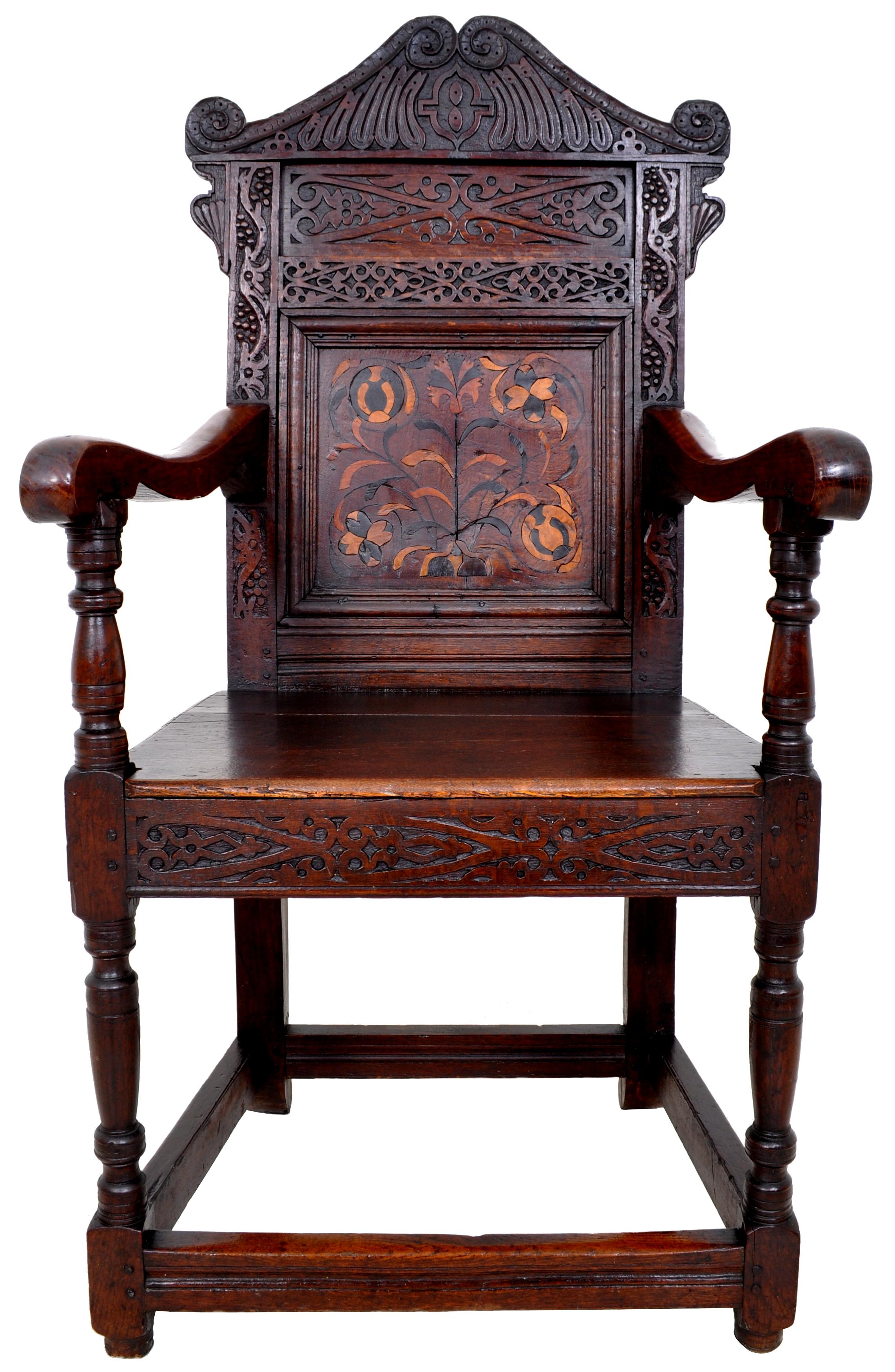 Antique 17th Century Charles II Yorkshire Carved Inlaid Oak Wainscot Chair, 1670 In Good Condition In Portland, OR