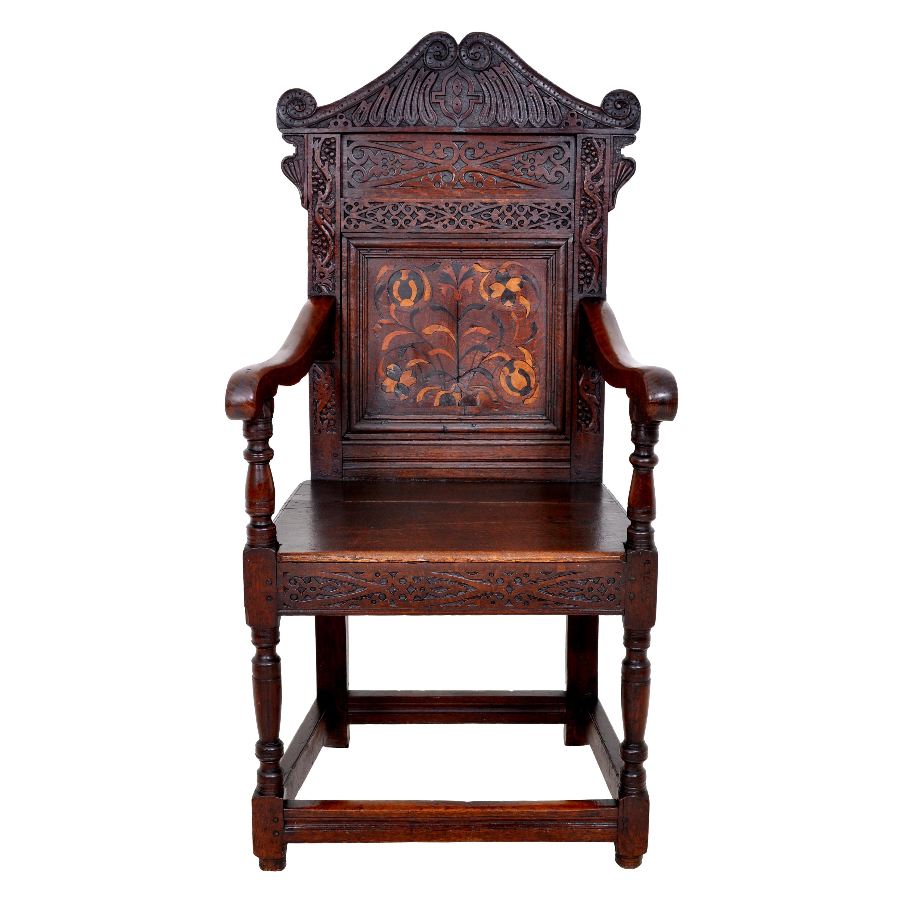 Antique 17th Century Charles II Yorkshire Carved Inlaid Oak Wainscot Chair, 1670