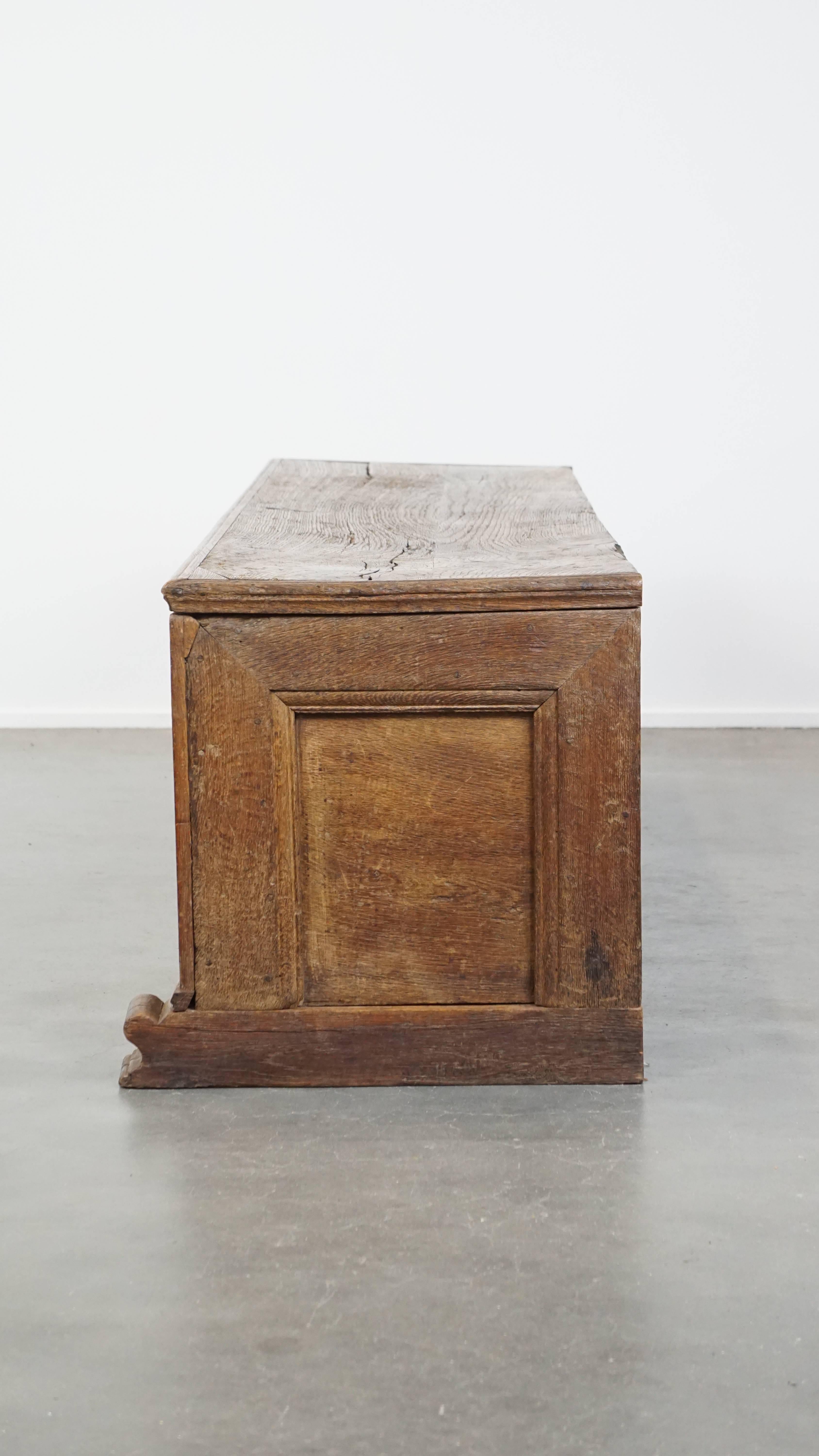 Hand-Crafted Antique 17th-Century Chest/Bench with Wood Carvings and an Original Working Lock For Sale