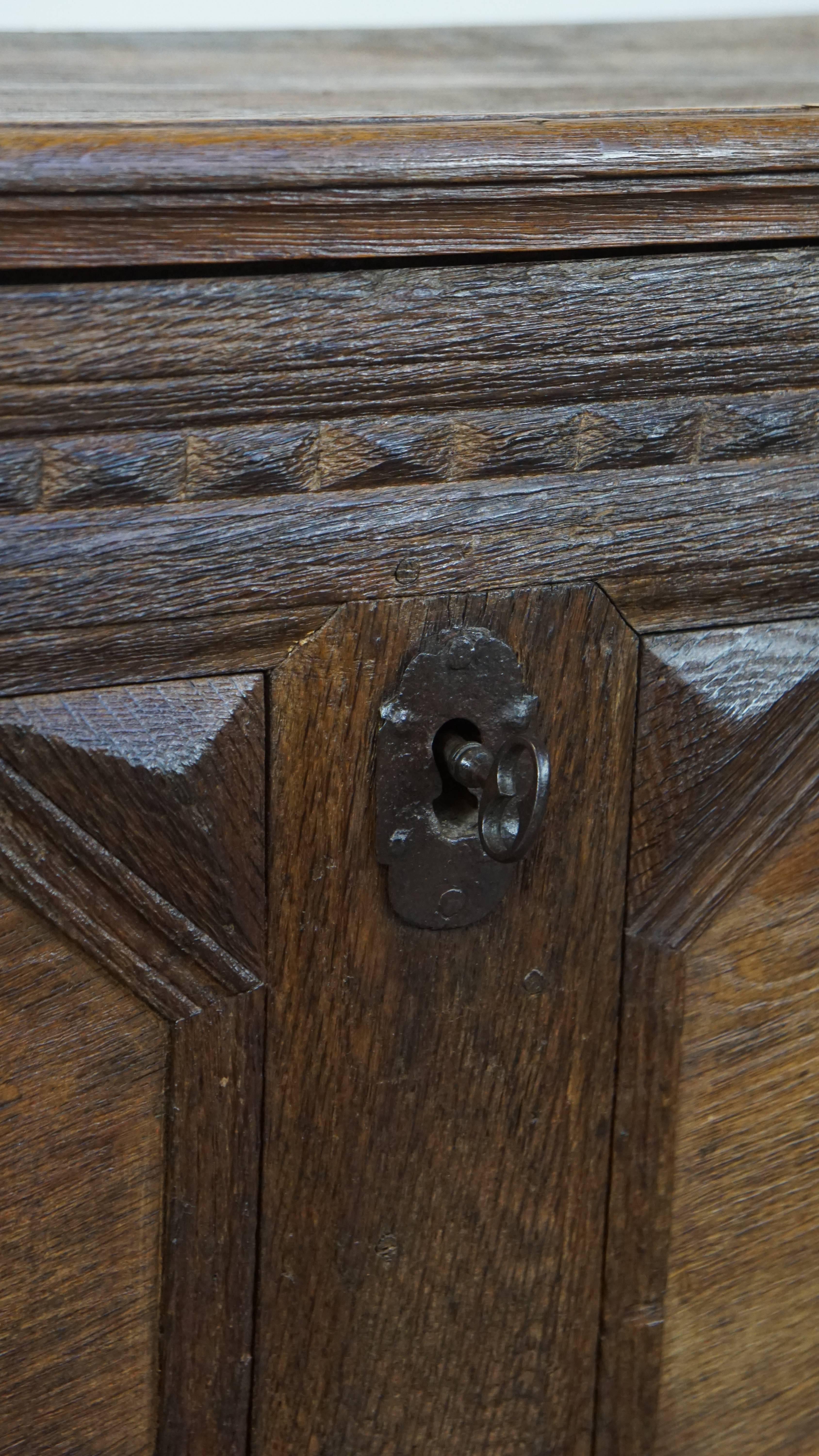 18th Century and Earlier Antique 17th-Century Chest/Bench with Wood Carvings and an Original Working Lock For Sale