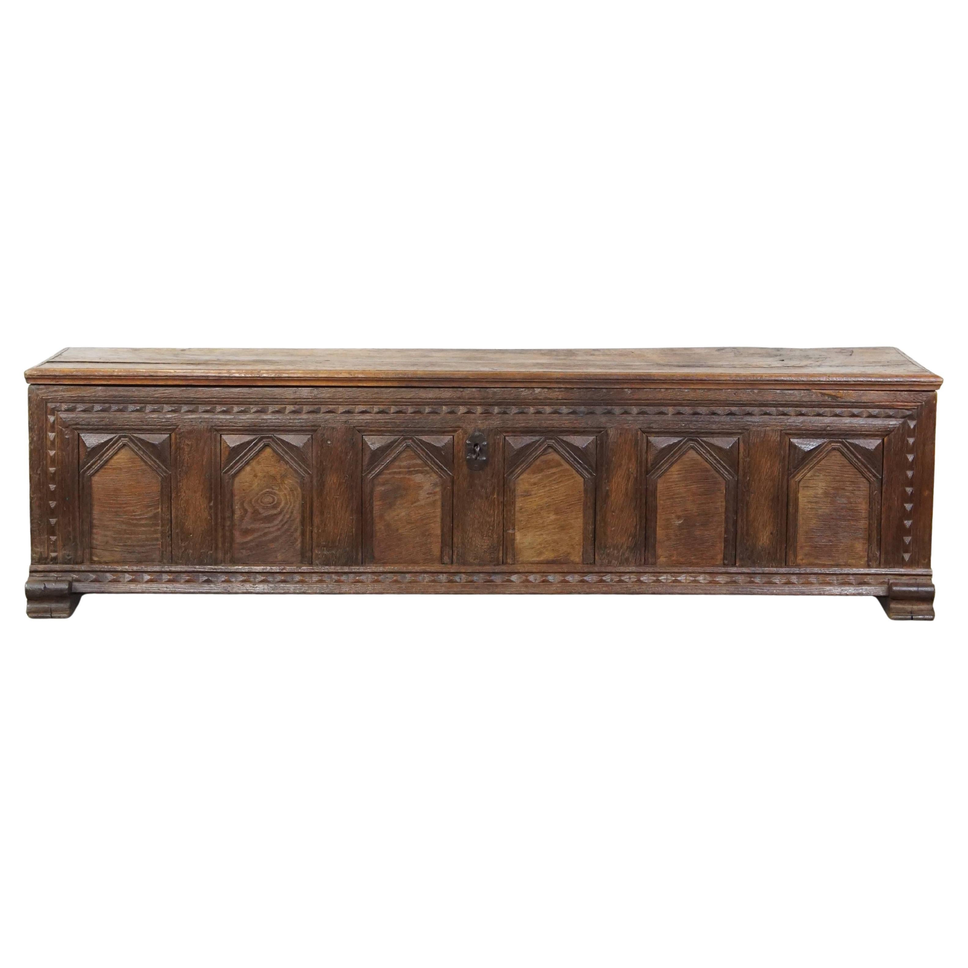 Antique 17th-Century Chest/Bench with Wood Carvings and an Original Working Lock For Sale