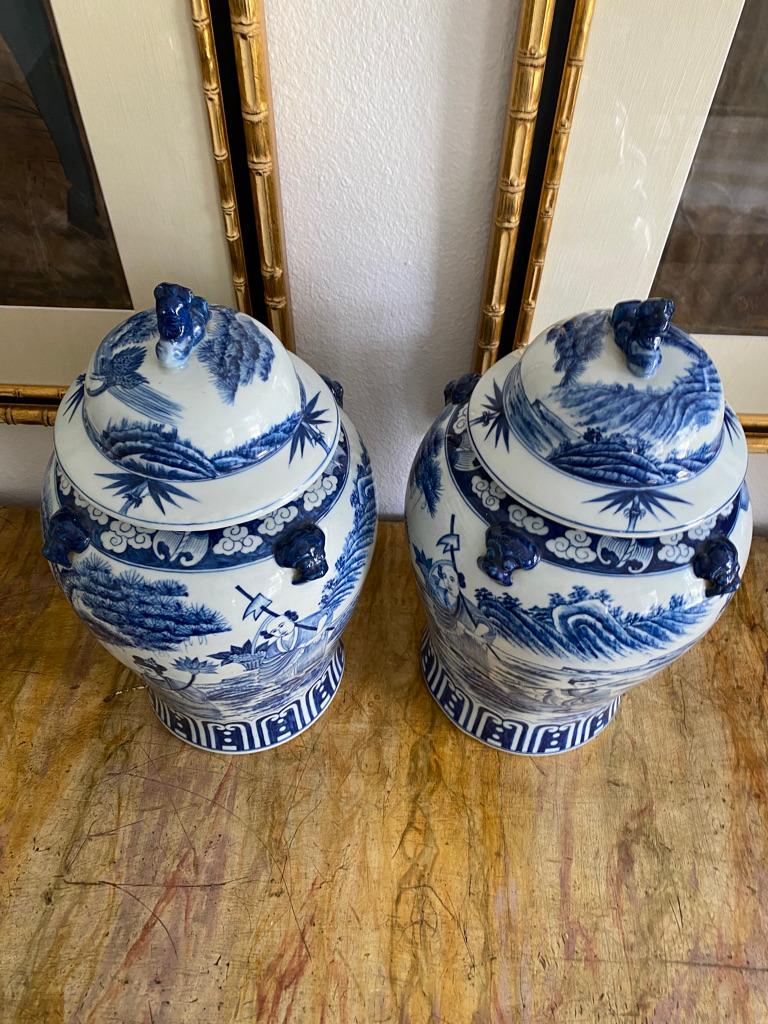 Hand-Painted Antique 17th Century Chinese Historic Pair of Blue and White Porcelain Jars
