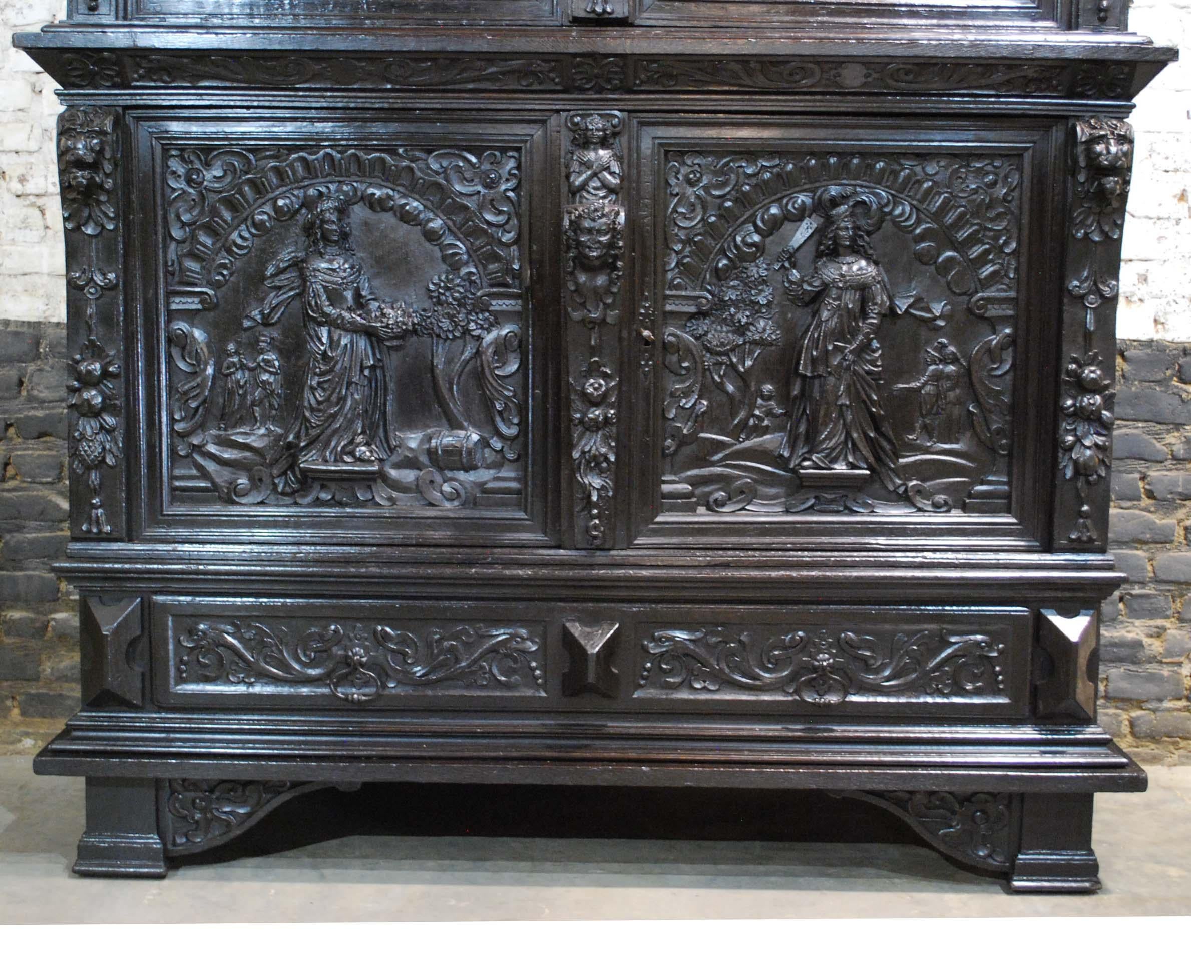 Antique 17th Century Dutch Black Oak Four Door Renaissance Cabinet 8