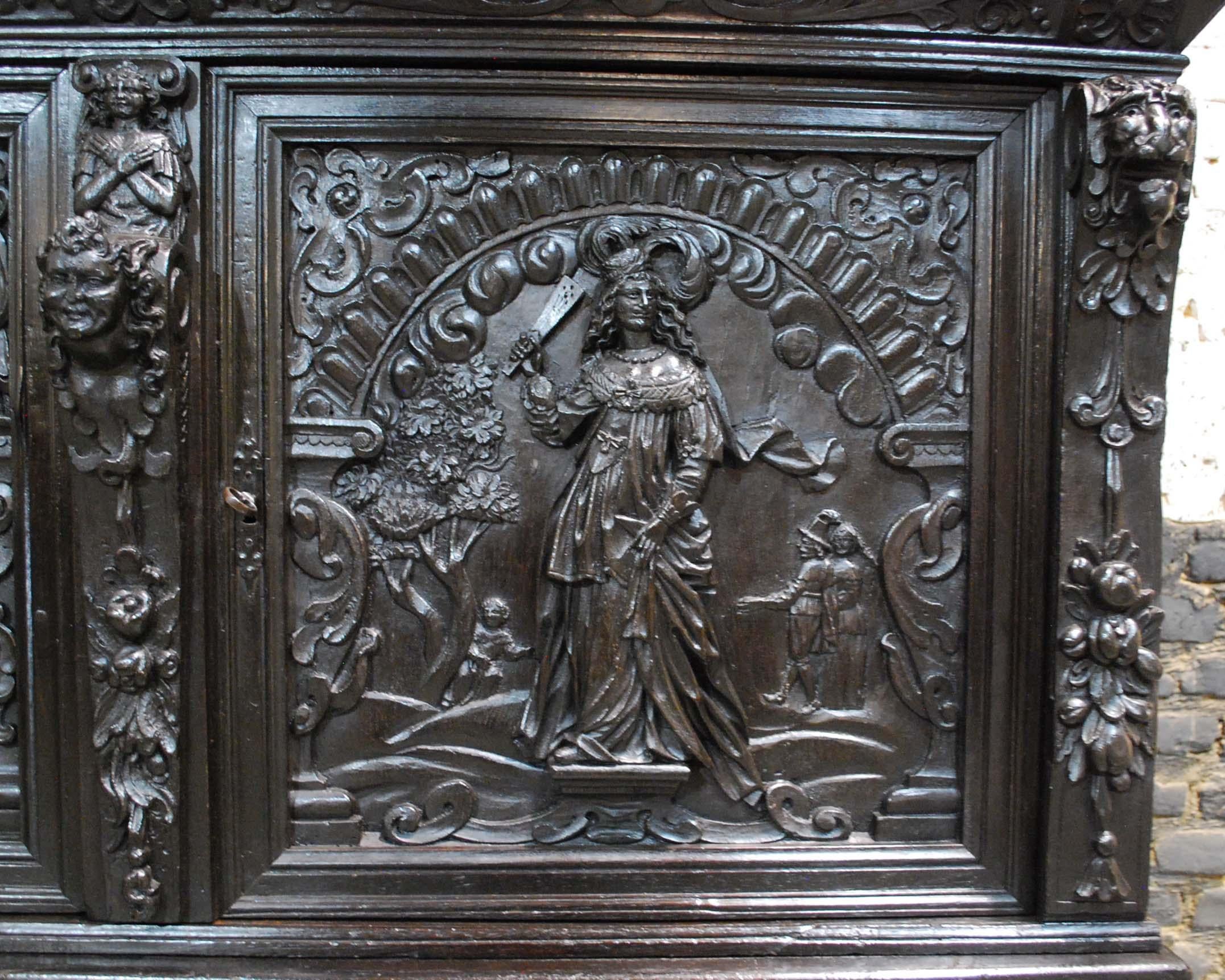 Antique 17th Century Dutch Black Oak Four Door Renaissance Cabinet 9