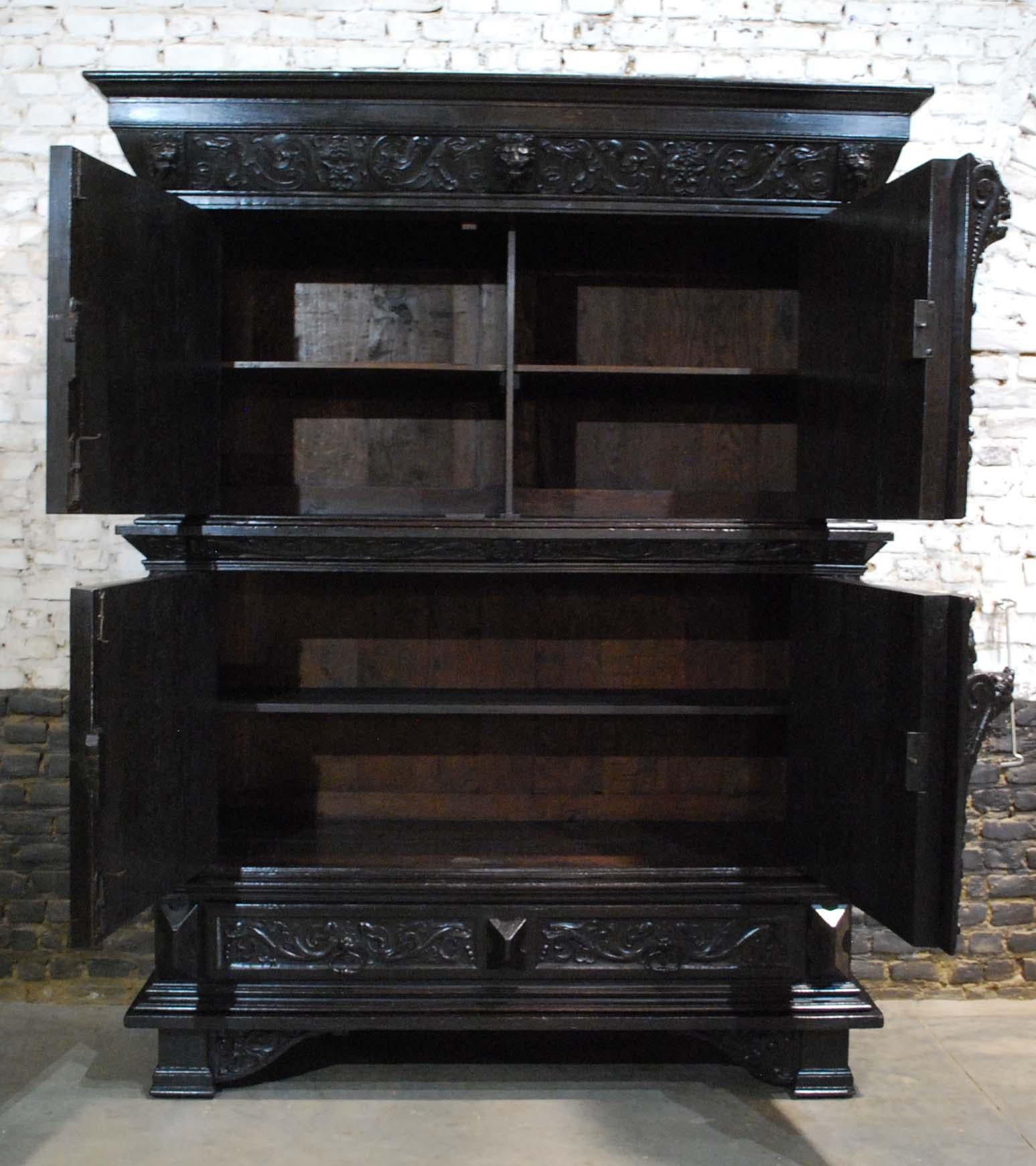 Antique 17th Century Dutch Black Oak Four Door Renaissance Cabinet 11