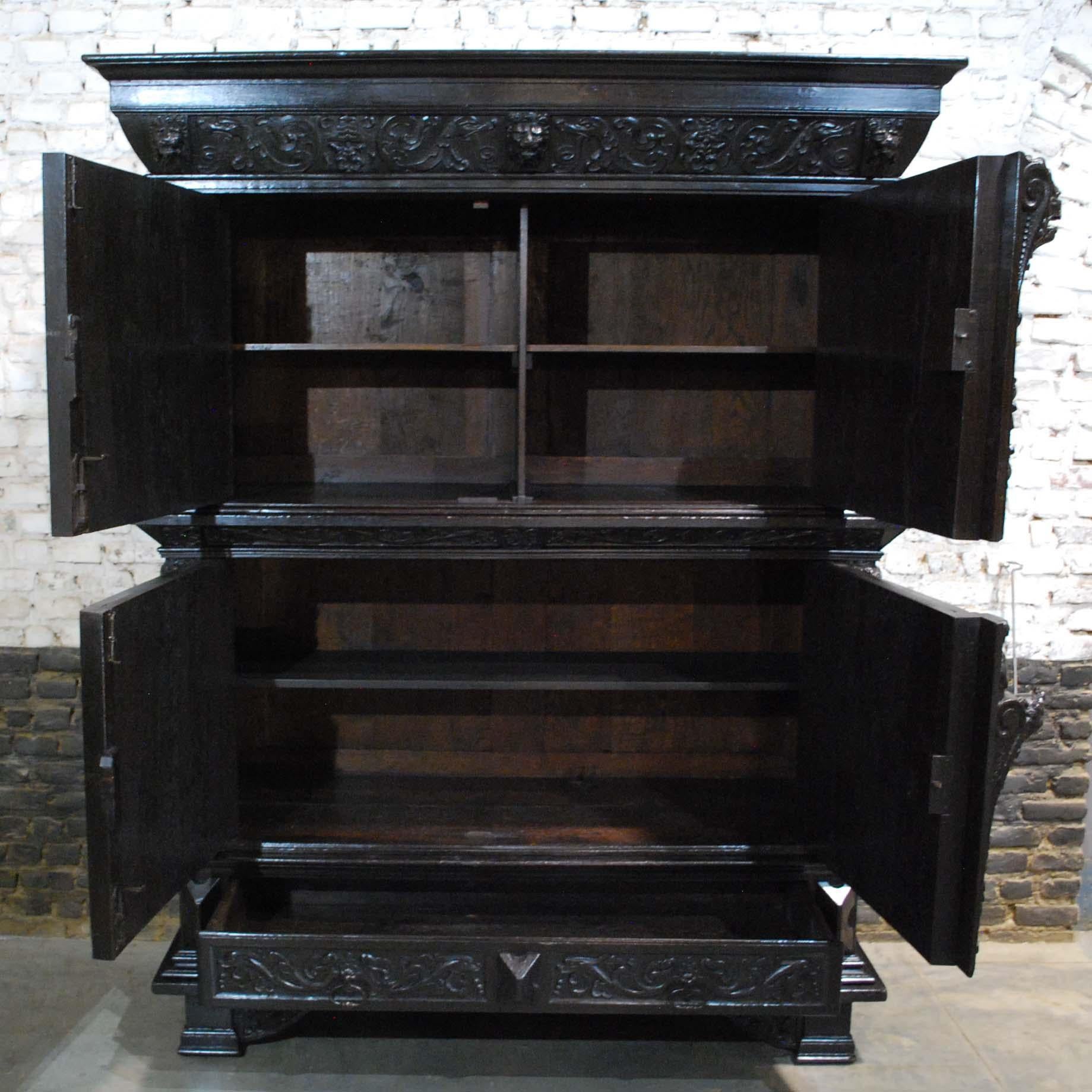 Antique 17th Century Dutch Black Oak Four Door Renaissance Cabinet 12