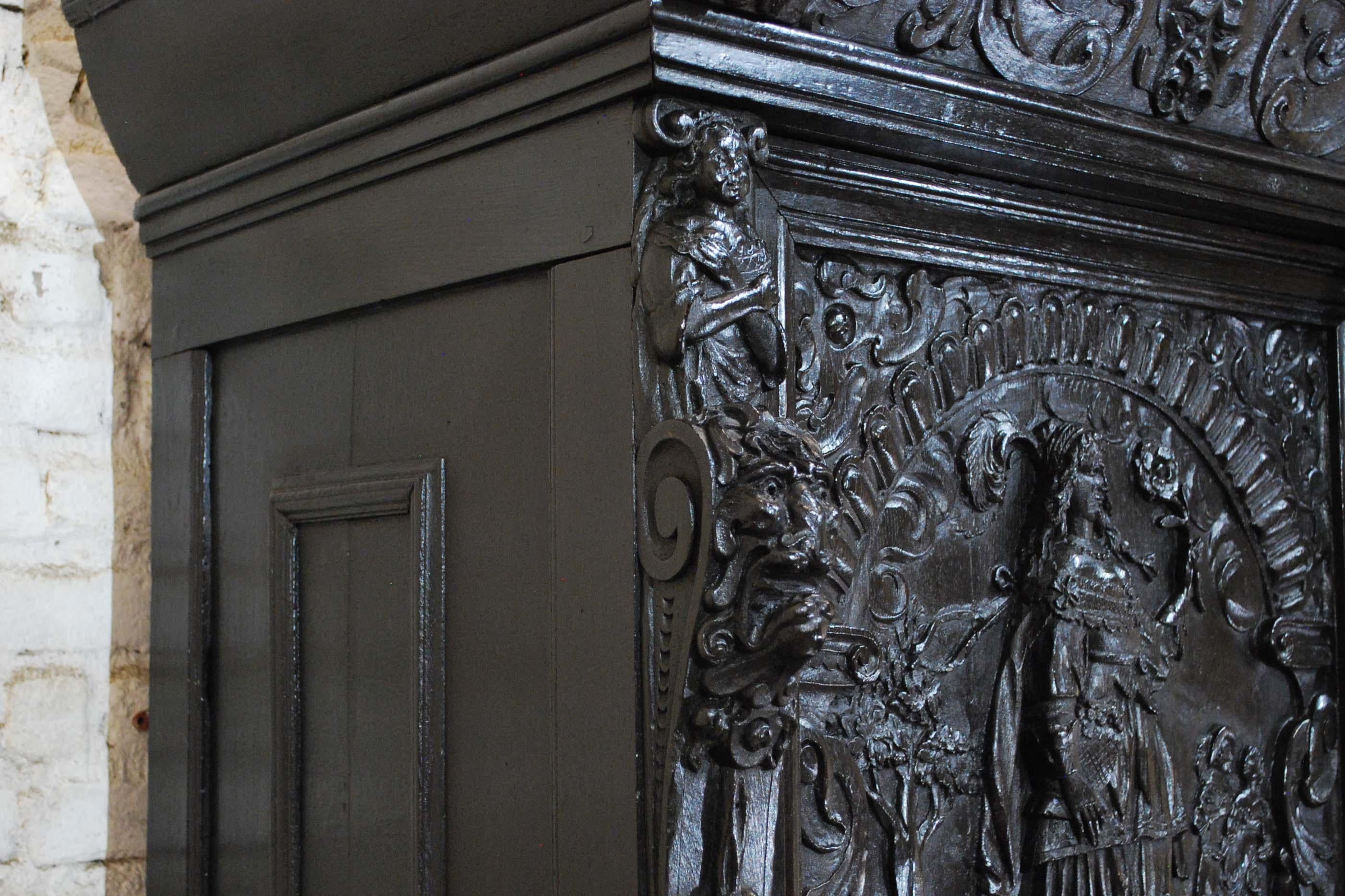 Antique 17th Century Dutch Black Oak Four Door Renaissance Cabinet In Good Condition In Casteren, NL