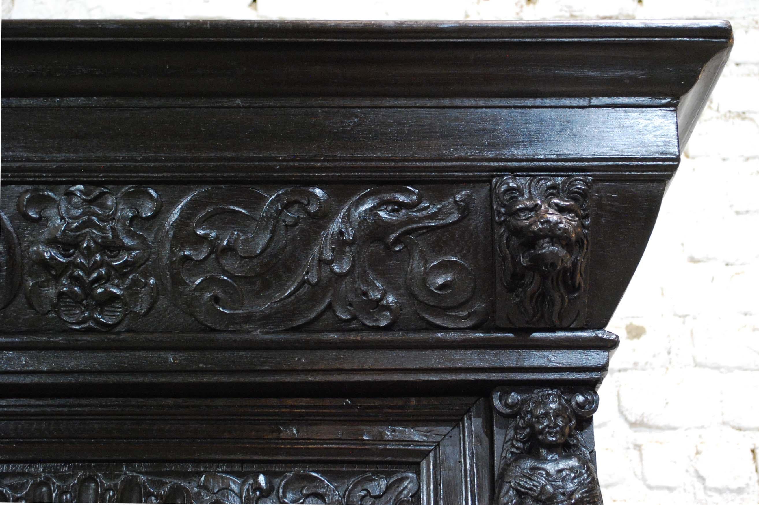 Antique 17th Century Dutch Black Oak Four Door Renaissance Cabinet 1