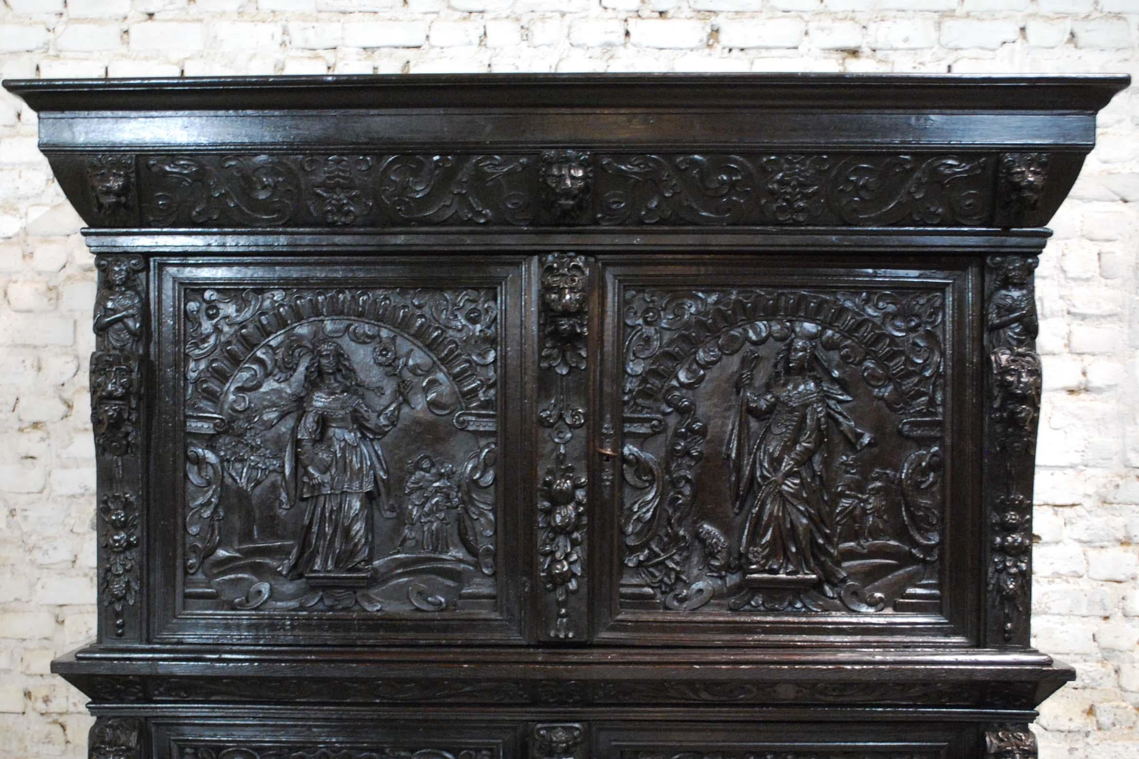 Antique 17th Century Dutch Black Oak Four Door Renaissance Cabinet 2