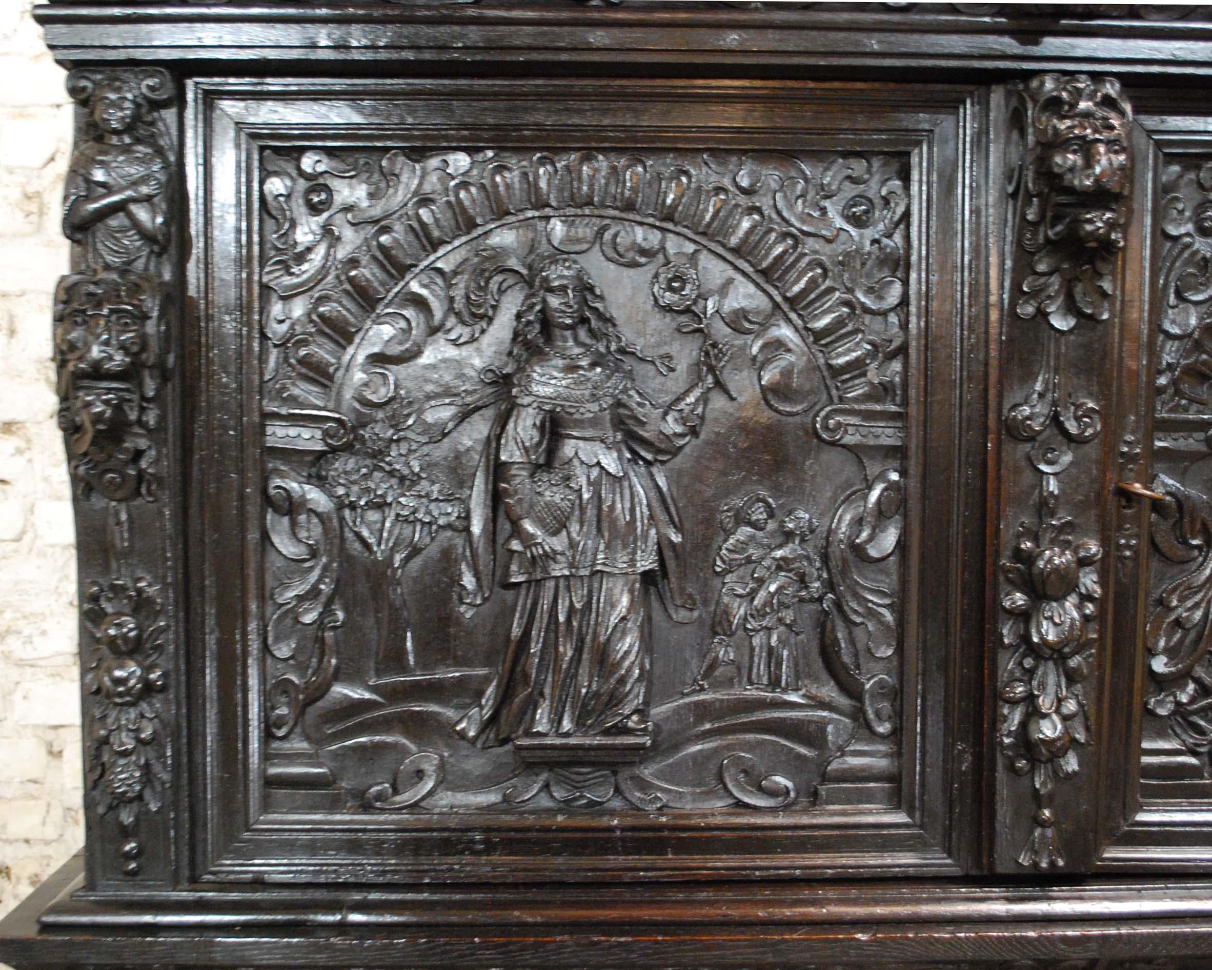 Antique 17th Century Dutch Black Oak Four Door Renaissance Cabinet 3