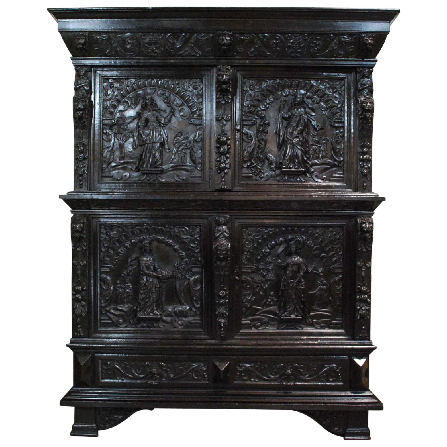 Antique 17th Century Dutch Black Oak Four Door Renaissance Cabinet