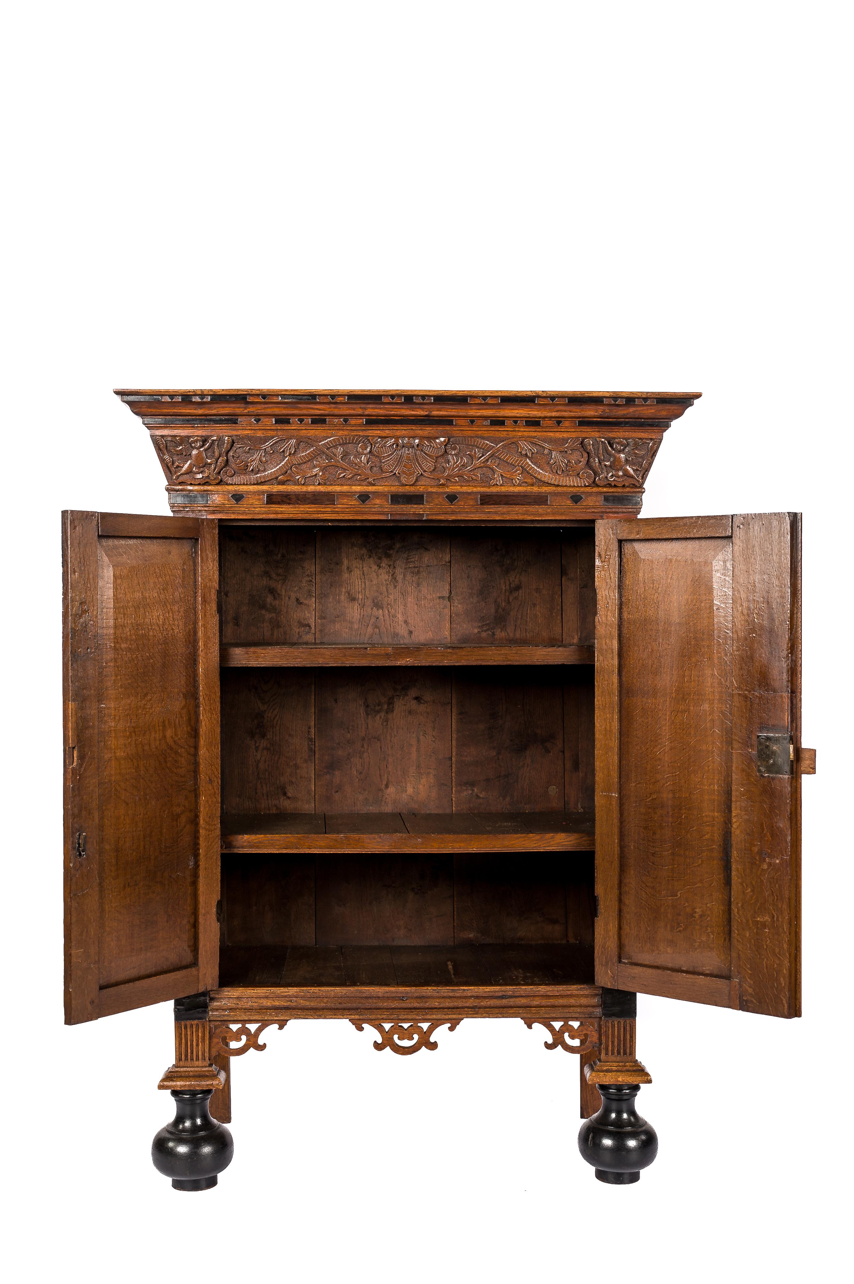 Antique 17th Century Dutch Oak and Ebony Two-Door Renaissance Cabinet For Sale 2