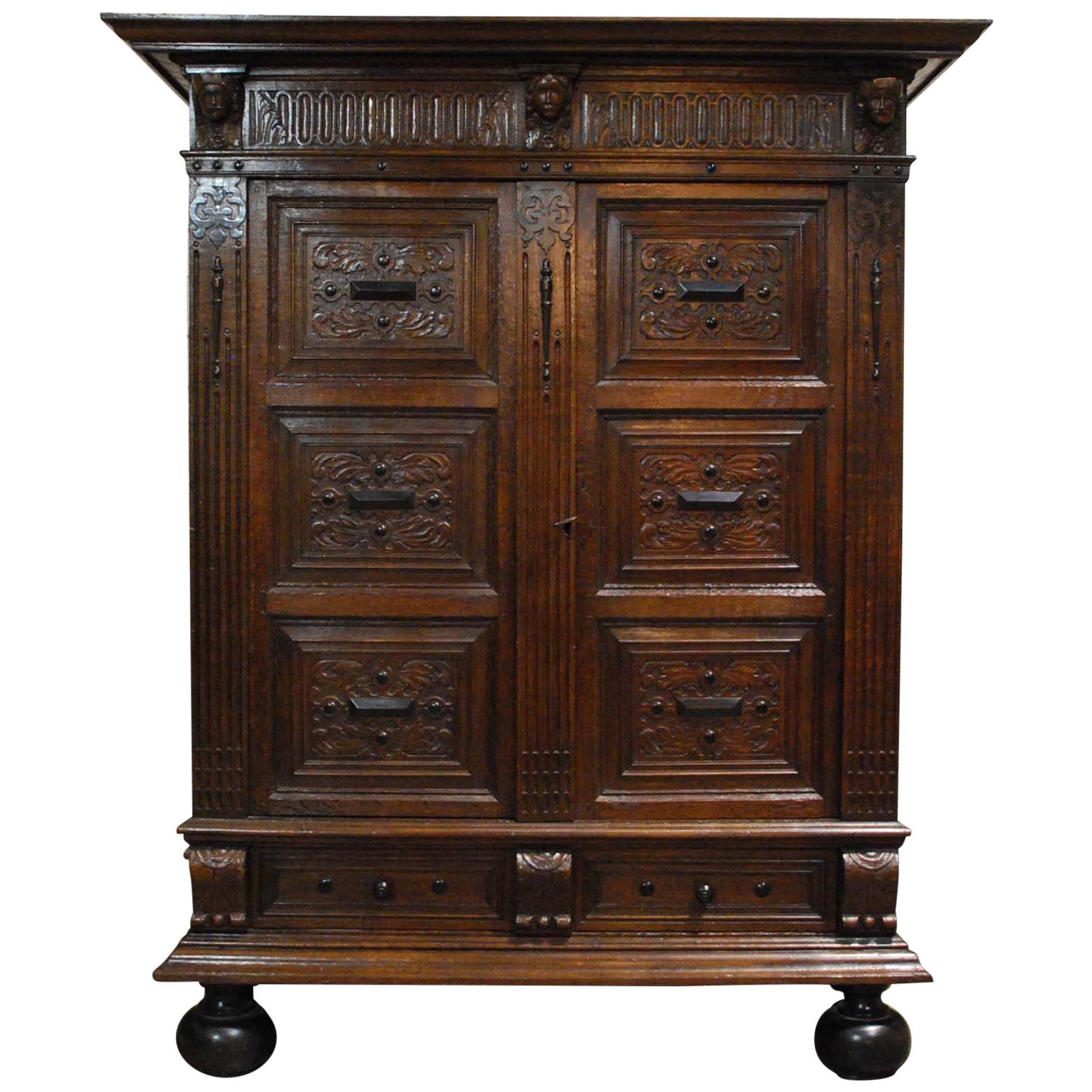 Antique 17th Century Dutch Renaissance Cabinet with Hand Carved Ornaments