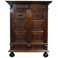 Antique 17th Century Dutch Renaissance Cabinet with Hand Carved Ornaments