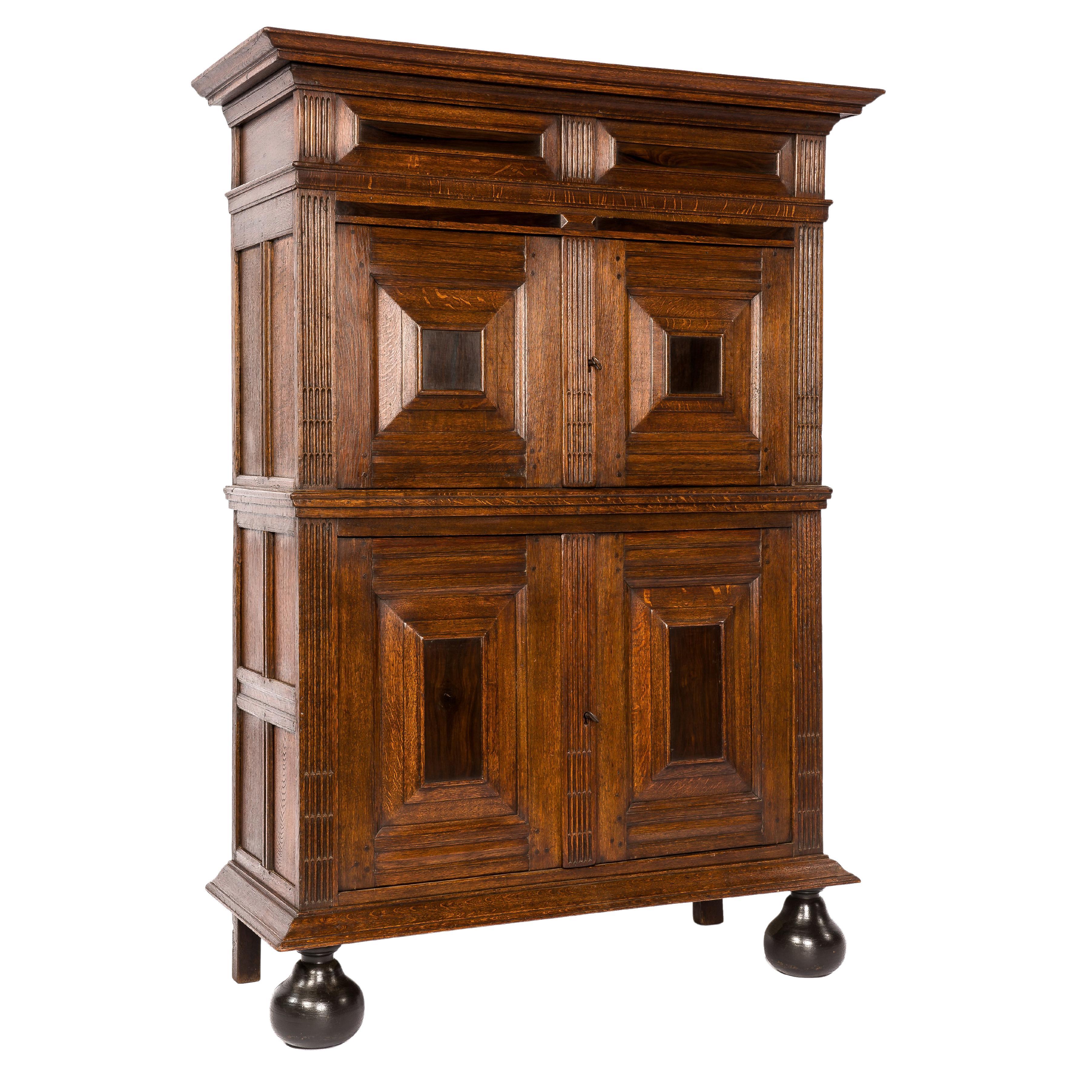 Antique 17th Century Dutch Renaissance Oak 4 Door Cabinet with Rosewood Inlay