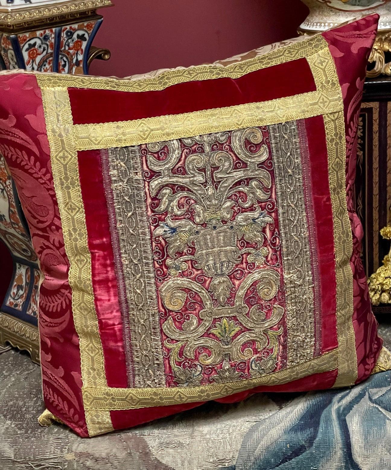 Hand Made Bespoke Pillow

An exceptional Silk Velvet Panel Dating from late 16th early 17th Century .

 Italian or Spanish

The magenta silk velvet embroidered in metallic and silk threads original woven metallic braids.

The needlework is exquisite