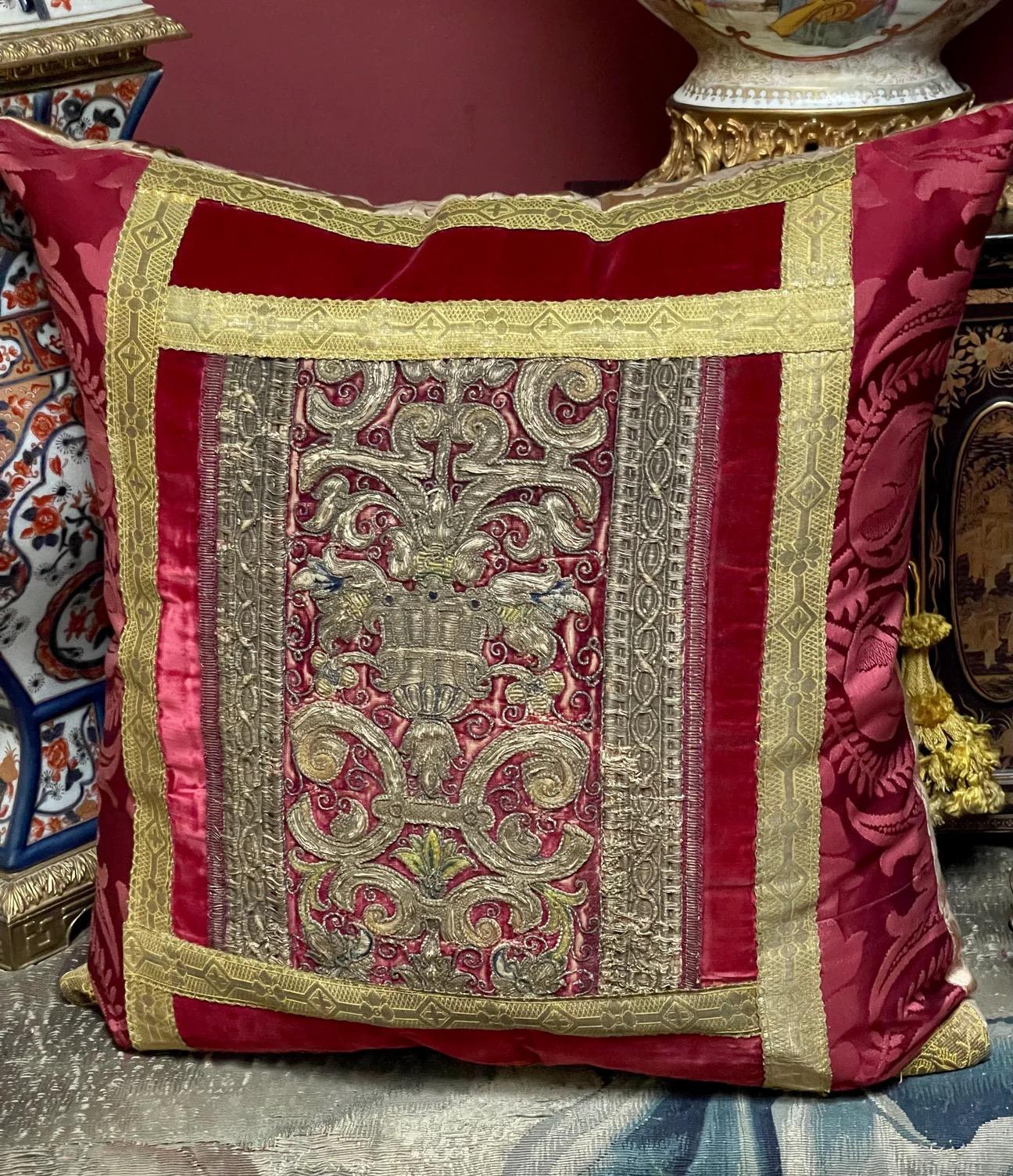 Baroque Antique 17th Century Embroidery Pillow For Sale