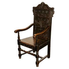 Antique 17th Century English Charles II Oak Carved Wainscot Armchair 1680