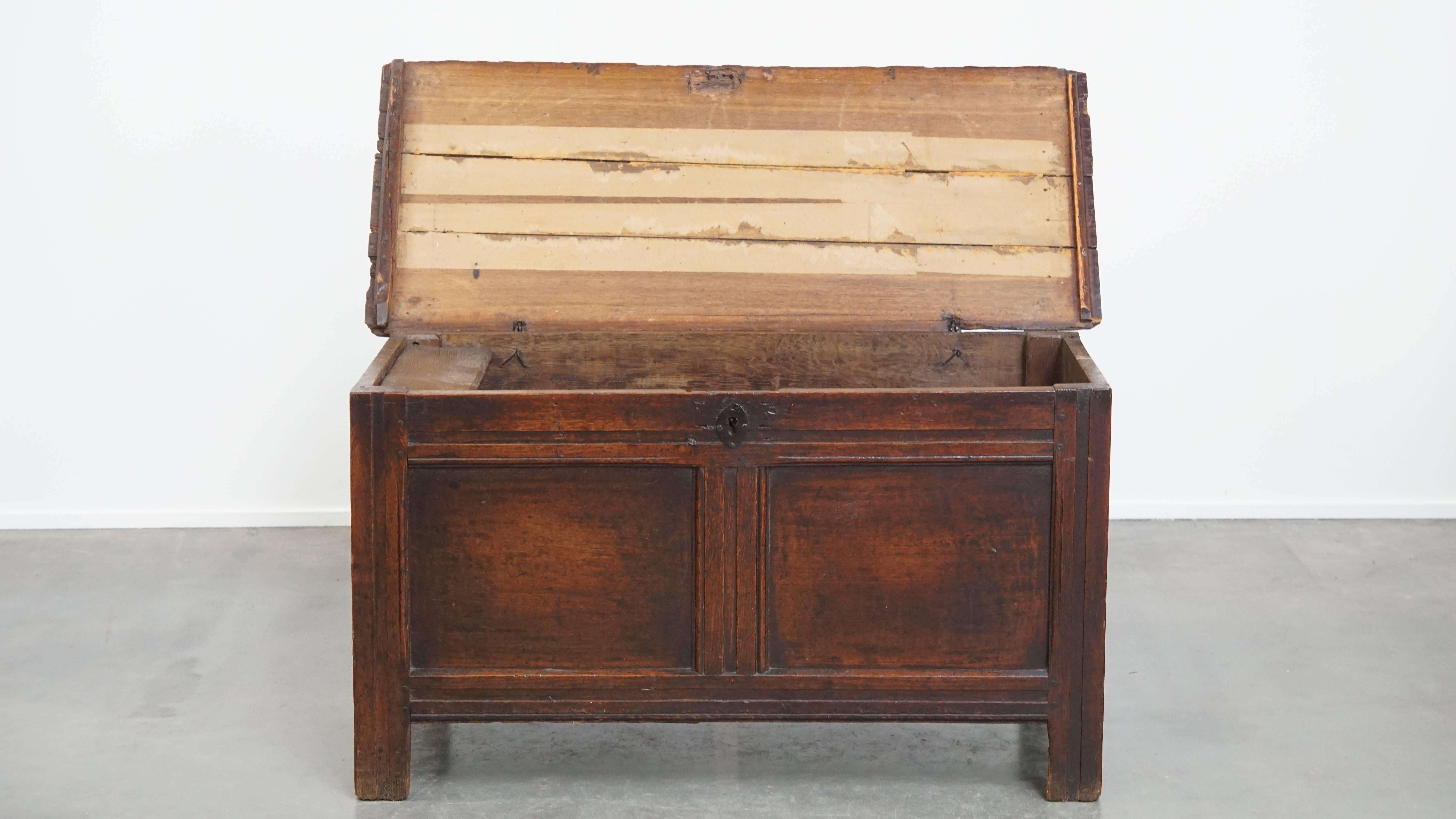 Classical Roman Antique 17th-century English oak chest For Sale