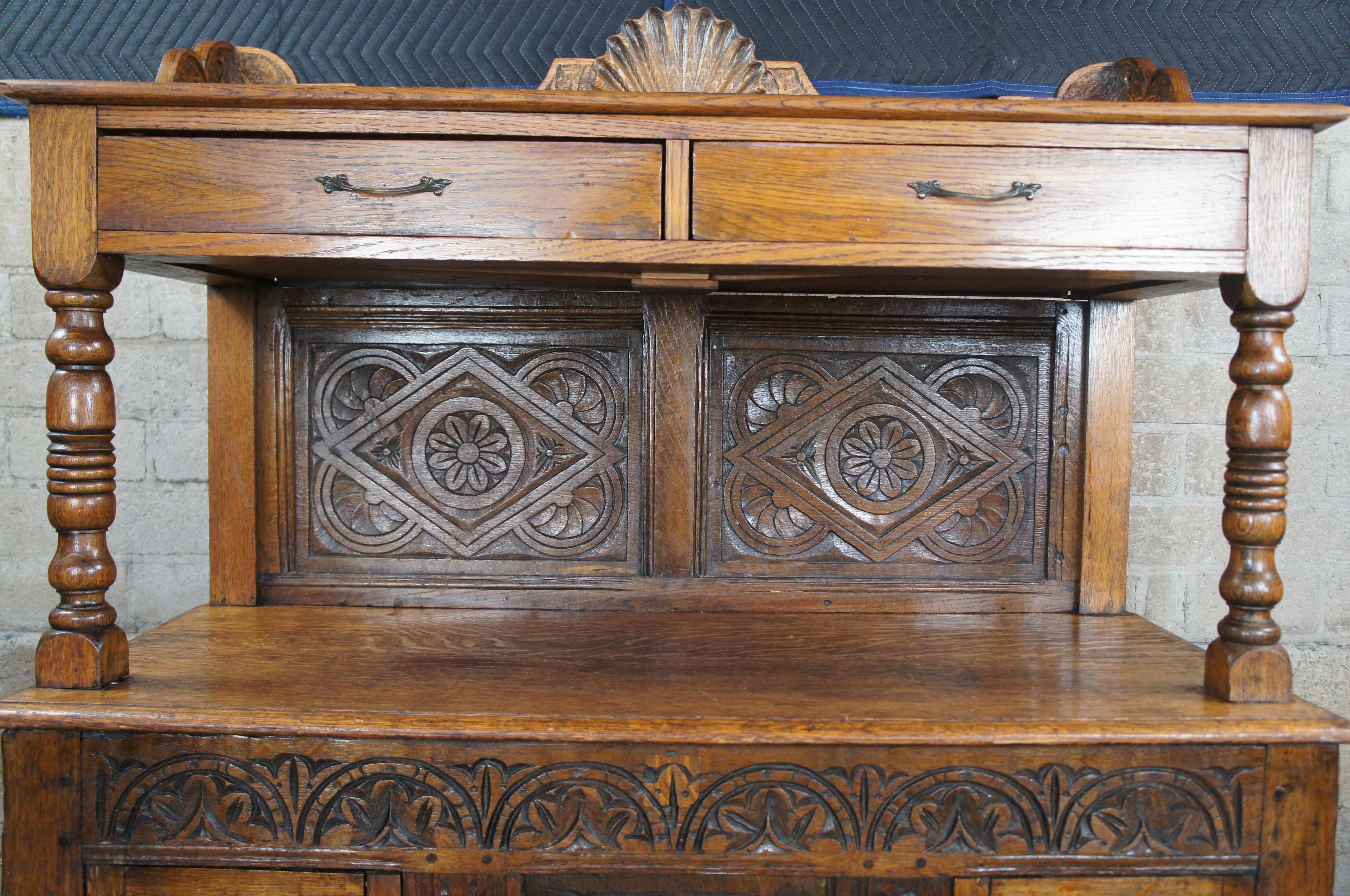 Brass Antique 17th Century English Quartersawn Oak Sideboard Server Court Cupboard For Sale