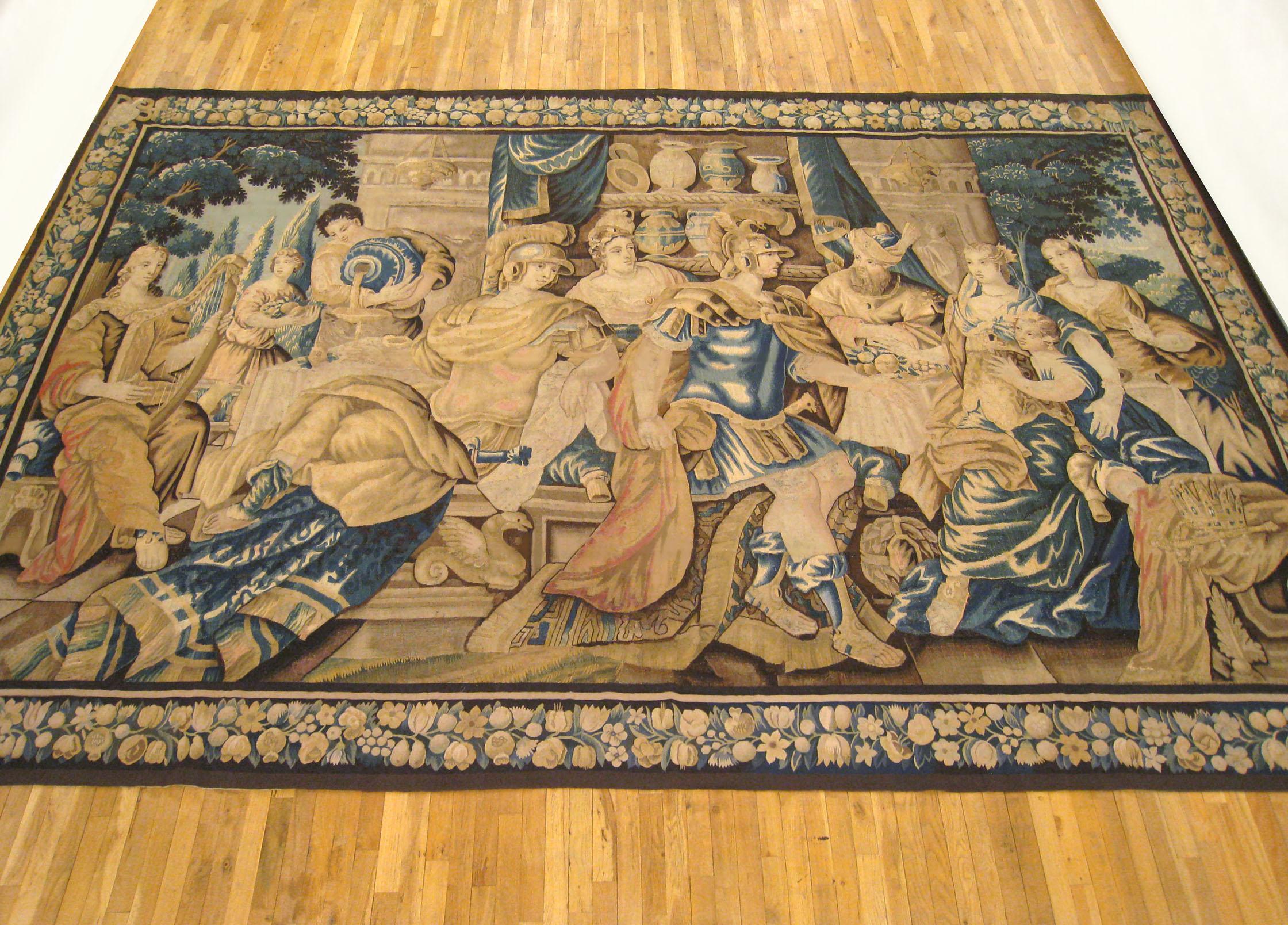 A French Aubusson historical tapestry from the late 17th century, depicting Aeneas relating his adventures to Dido, from 'The Story of Dido and Aeneas' series after Virgil’s 'The Aeneid'. This set was woven from cartoons created by the French