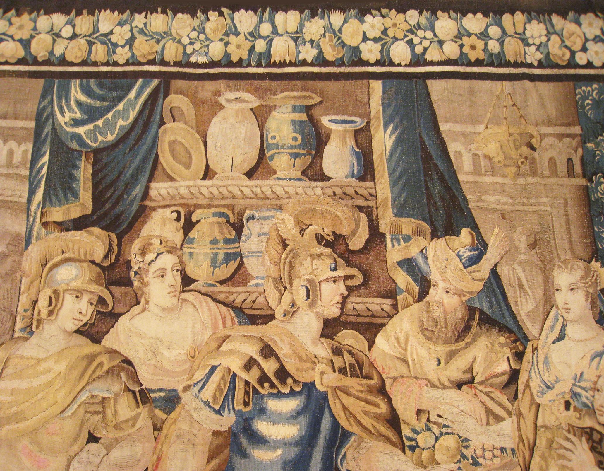 Ancienne tapisserie historique flamande du 17e siècle, représentant Didon et Énée en vente 1