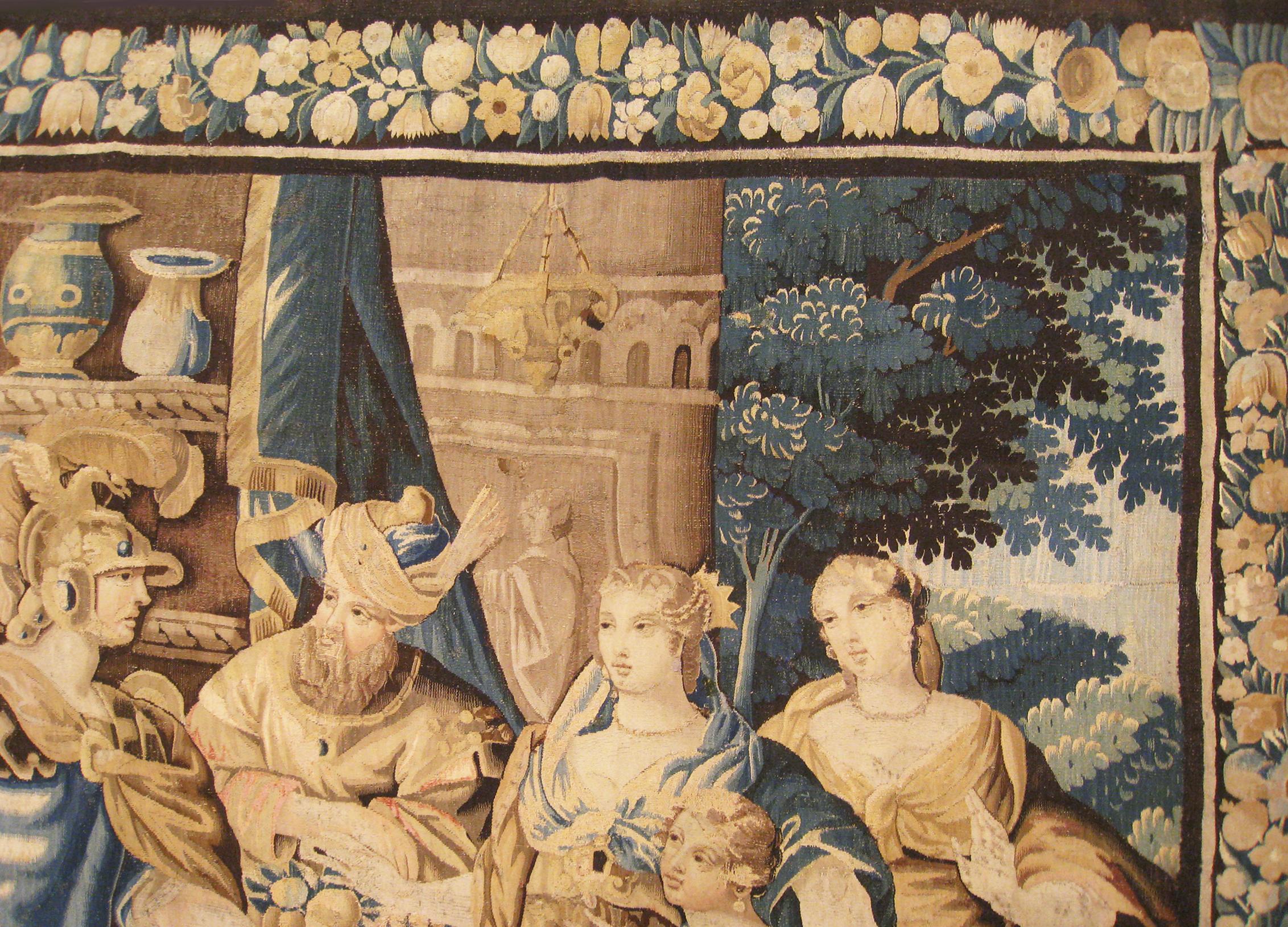 Ancienne tapisserie historique flamande du 17e siècle, représentant Didon et Énée en vente 2