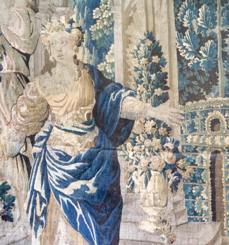 Hand-Woven Antique 17th Century Flemish Mythological Tapestry Mercury Janus Sabine Women For Sale