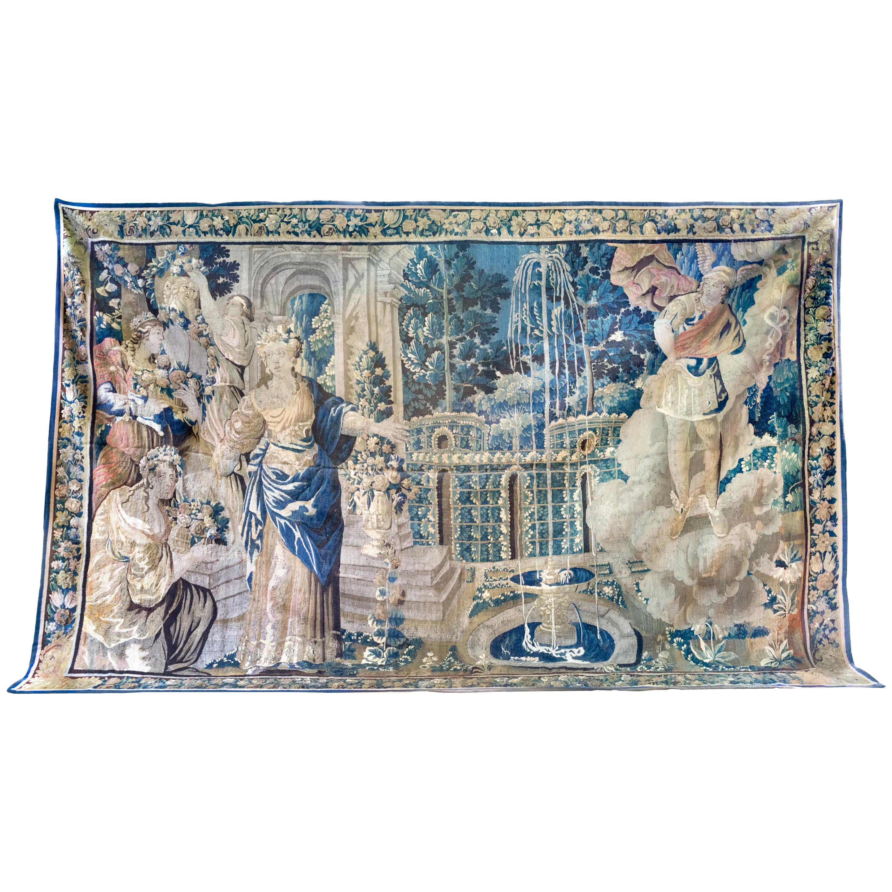 Antico arazzo mitologico fiammingo del XVII secolo Mercurio Giano Sabino Donne