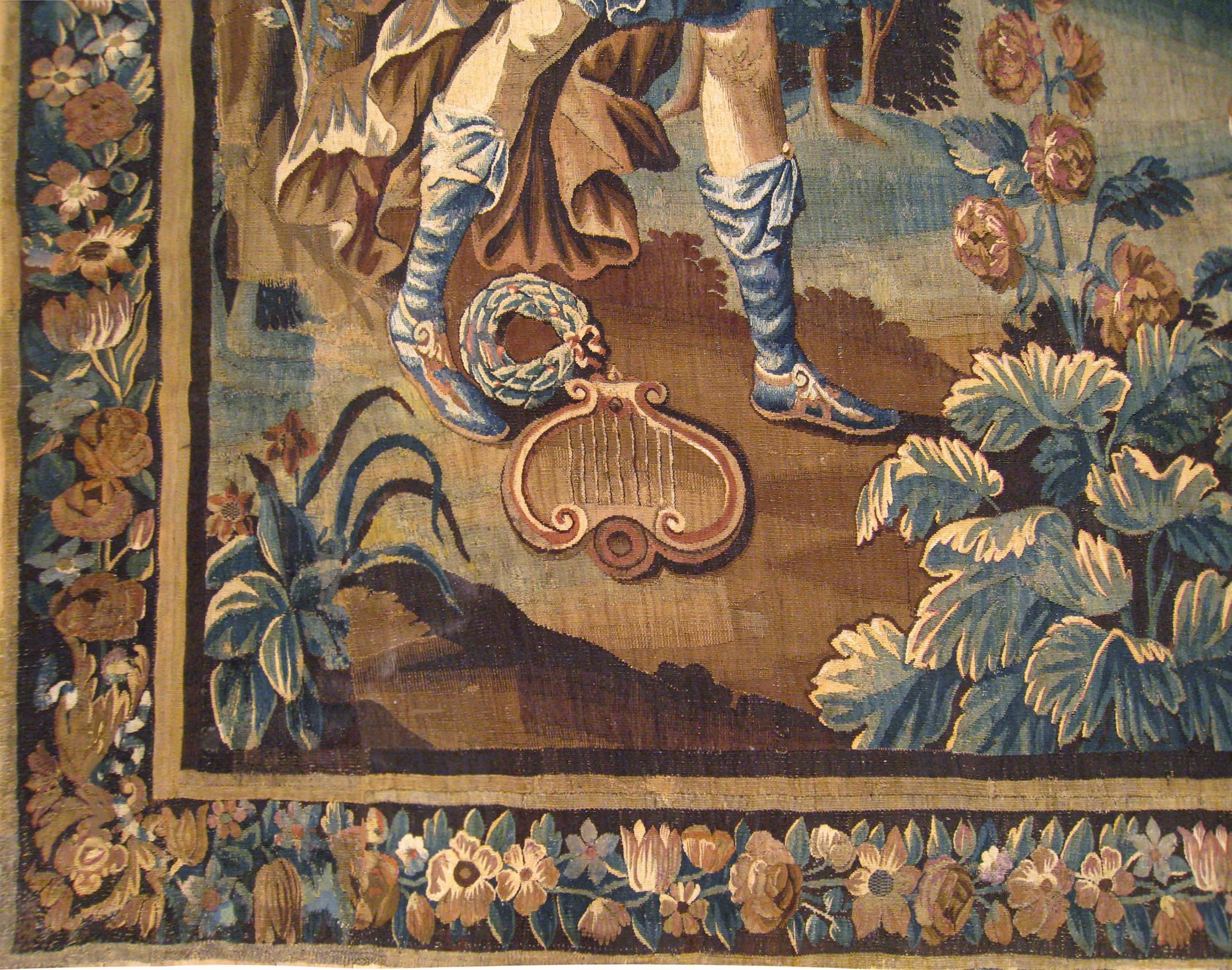 Belge Tapisserie mythologique flamande ancienne du 17ème siècle, avec la couronne d'Apollon en vente