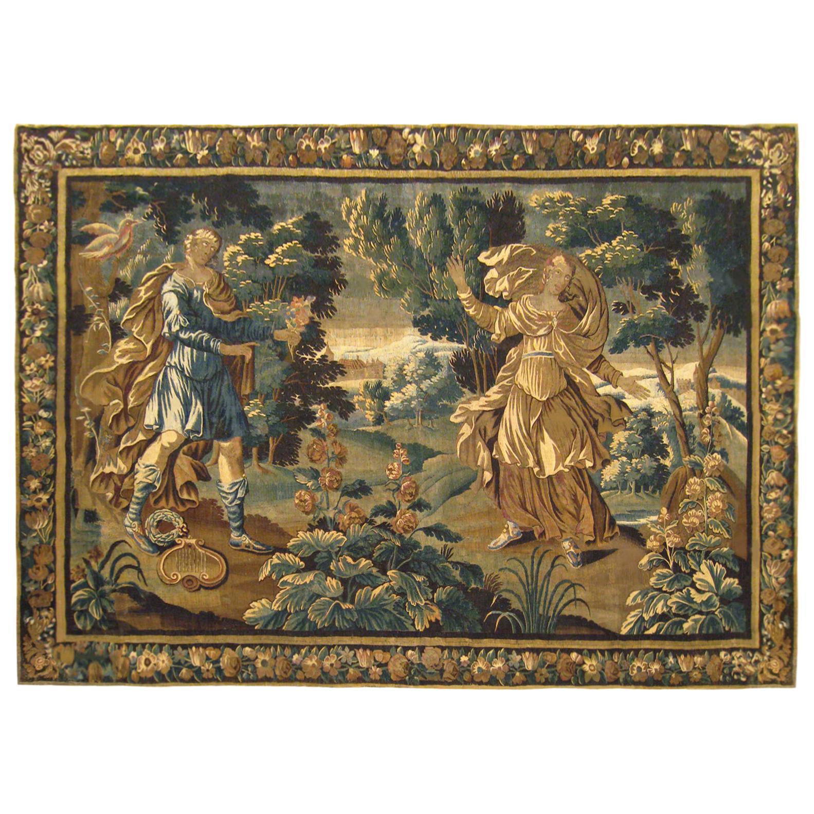 Antique 17th Century Flemish Mythological Tapestry, with the Courtship of Apollo