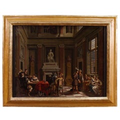Antique 17th Century Flemish Oil on Canvas Interior Scene Painting, 1690
