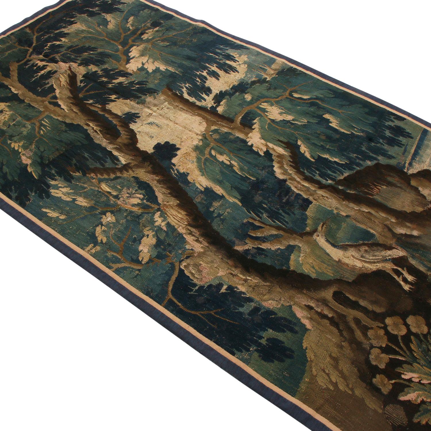Belge Tapisserie ancienne flamande du 17e siècle en laine picturale marron, verte et bleue en vente