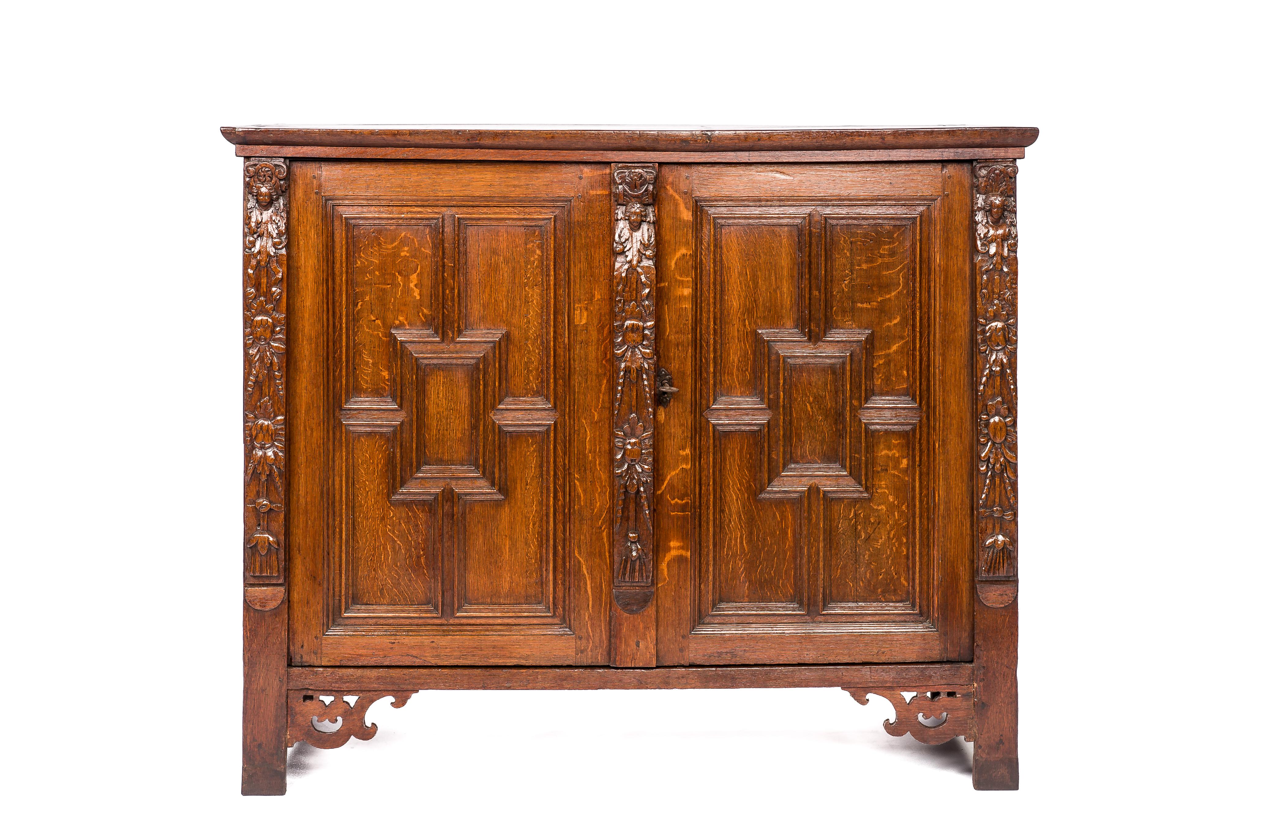 Belgian Antique 17th century Flemish solid brown oak Renaissance Carmelite cupboard For Sale